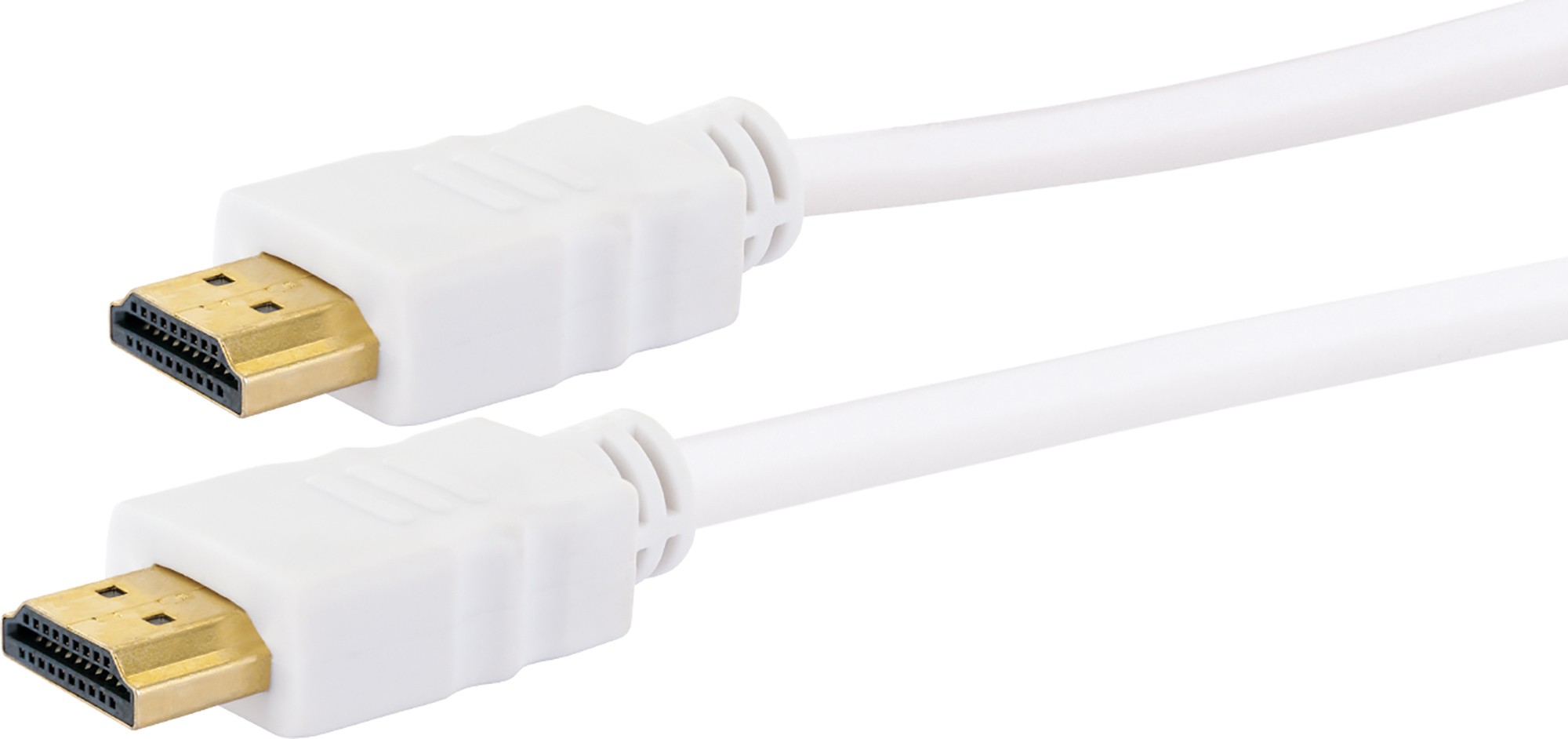Weißes HDMI-Kabel mit goldenen Anschlüssen, abgewinkelt und Nahaufnahme auf weißem Hintergrund.