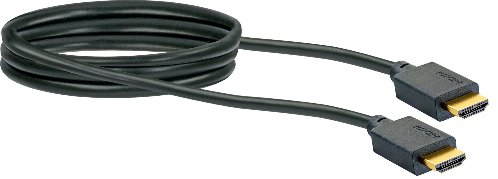 Schwarzes HDMI-Kabel mit zwei schwarzen Steckern mit HDMI-Logo.