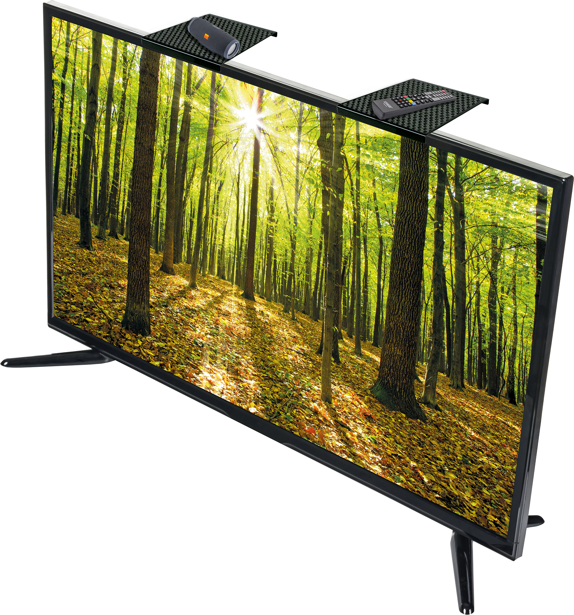 Schwarzer Fernseher mit zwei Regalen oben. Regale halten Fernbedienungen. Waldszene auf dem Bildschirm.