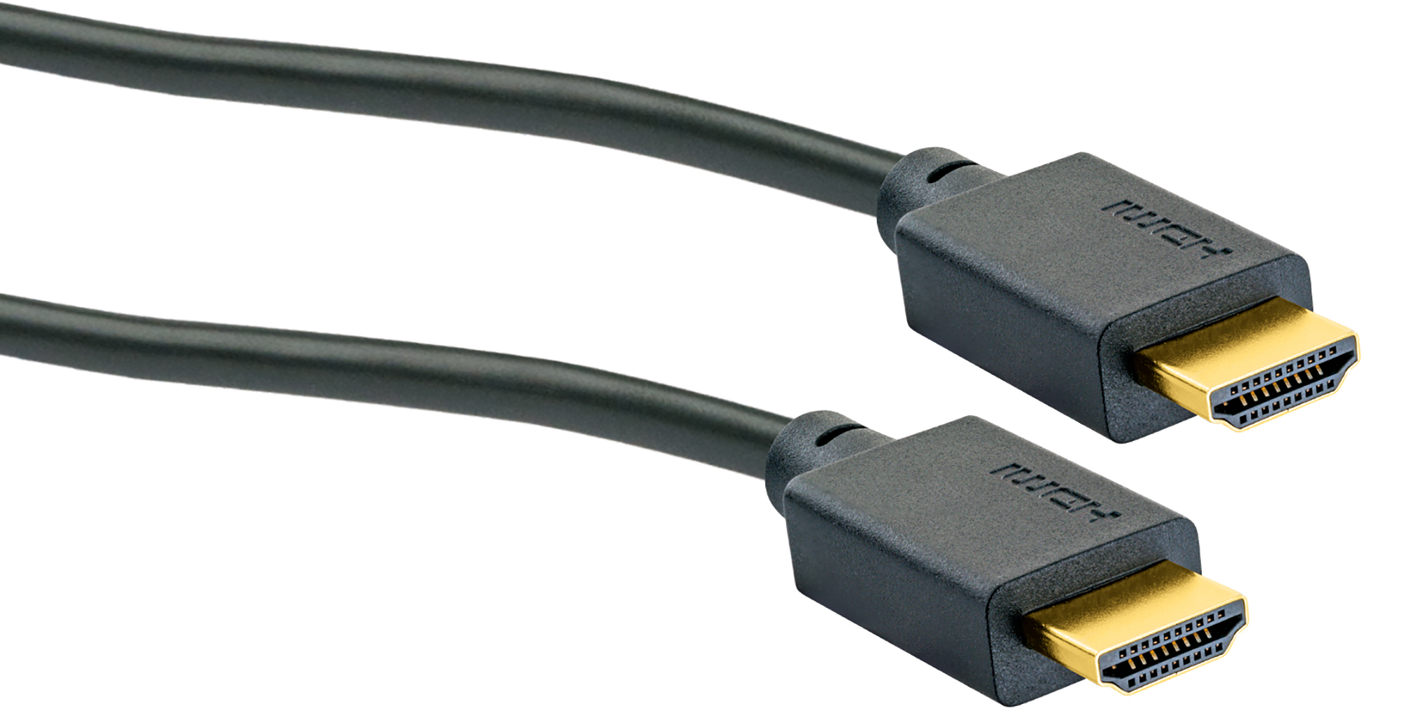 Schwarzes HDMI-Kabel mit vergoldeten Steckern. Das Kabel ist auf weißem Hintergrund.