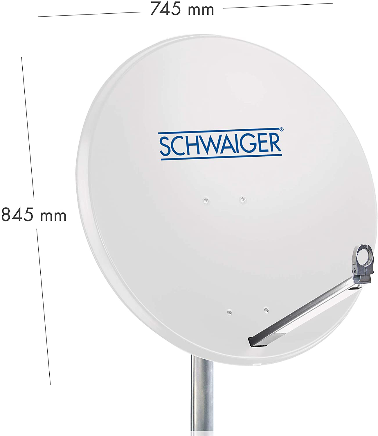Weiße Satellitenschüssel mit dem Markennamen 'SCHWAIGER', mit Messungen an der Seite.