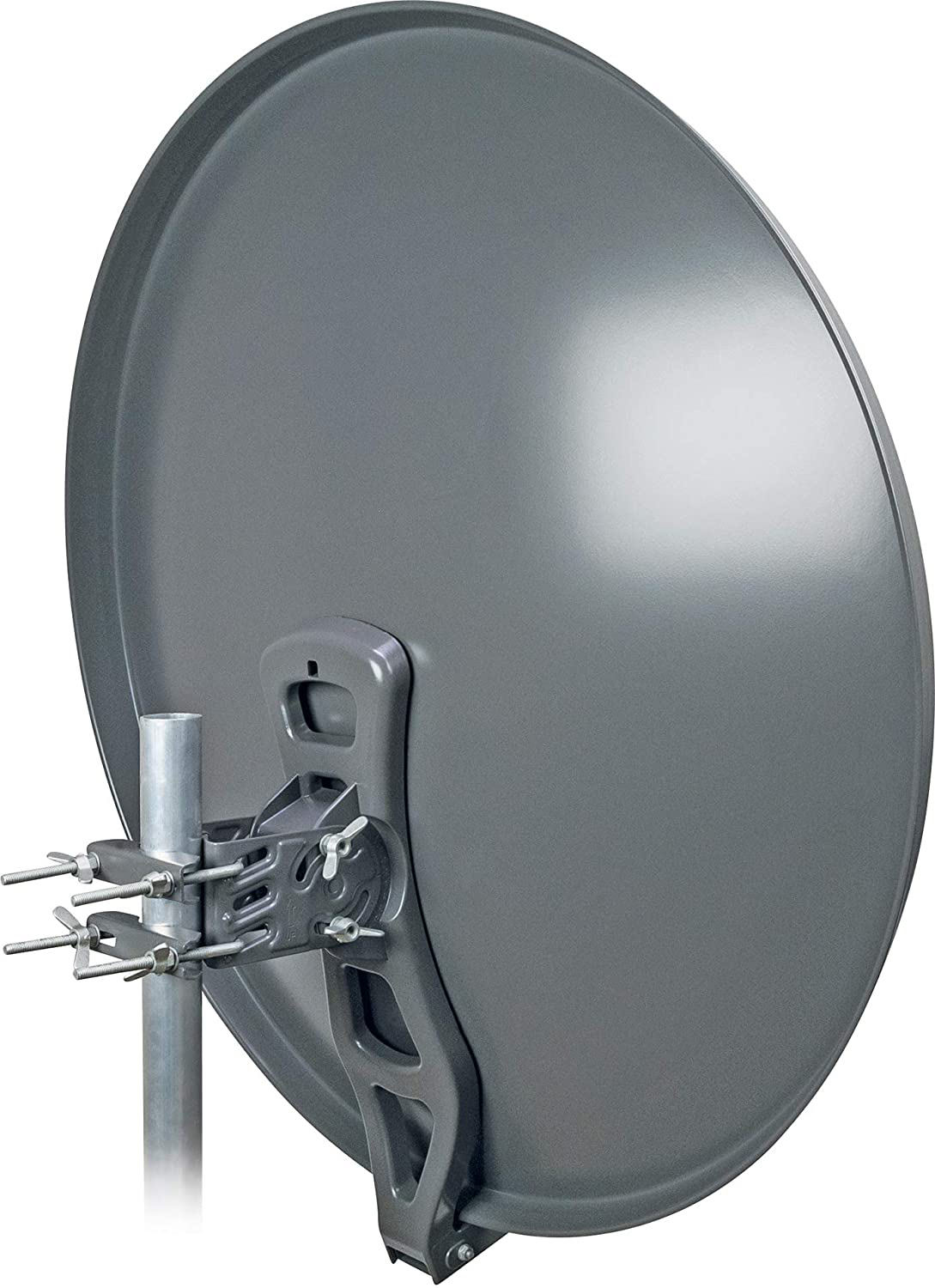 Eine große, graue Satellitenschüssel mit einem dunkelgrauen Arm und Stütze. Sie hat eine geschwungene, runde Form.