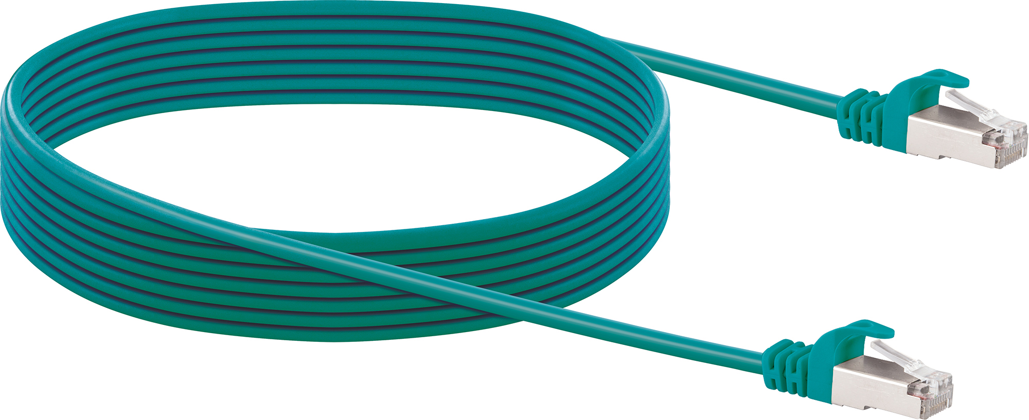 Gewelltes tealfarbenes Ethernet-Kabel mit Steckern an beiden Enden.