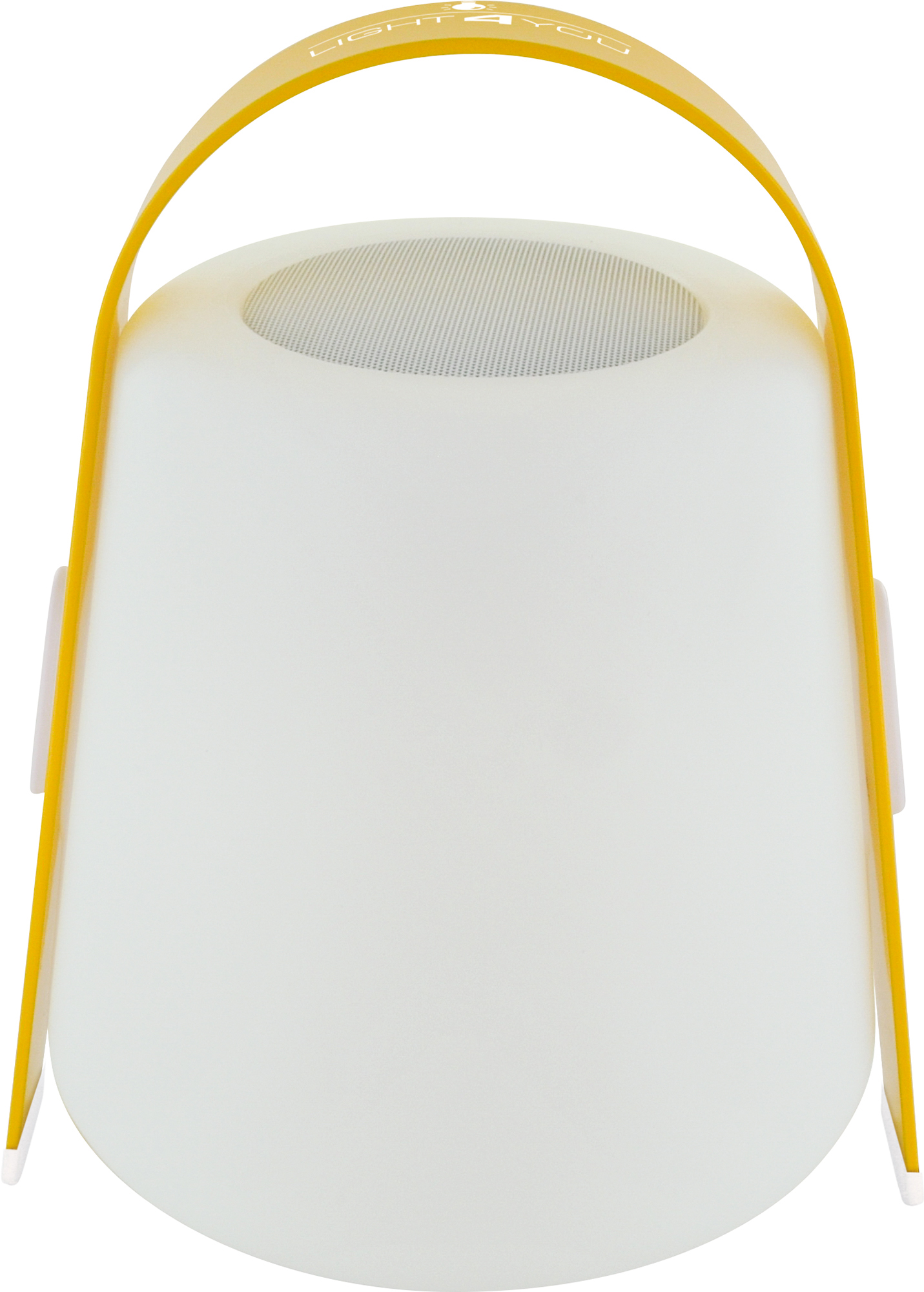 Weiße und gelbe Laternenlautsprecher. Gelber Griff, weißer Körper. Light for you Logo oben.