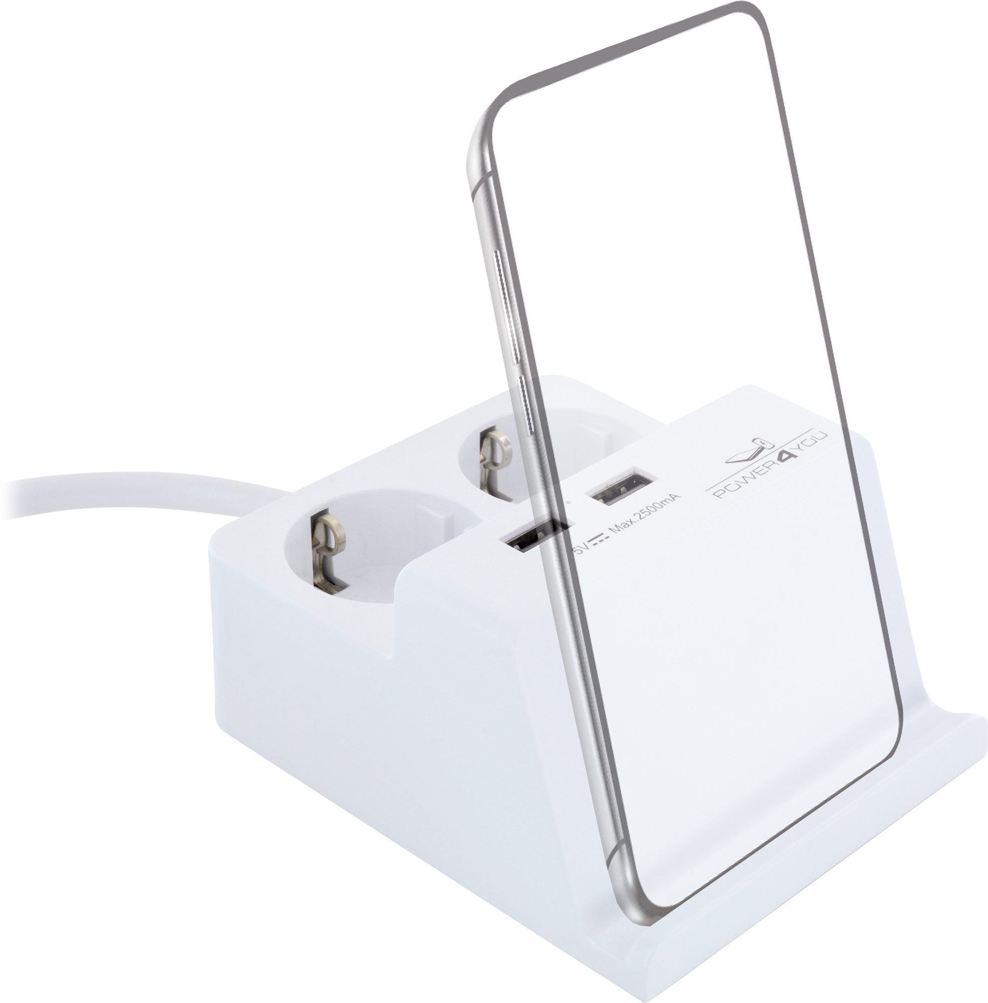 Weißes Telefonladegerät mit zwei Steckdosen, zwei USB-Anschlüssen und einem Telefon.