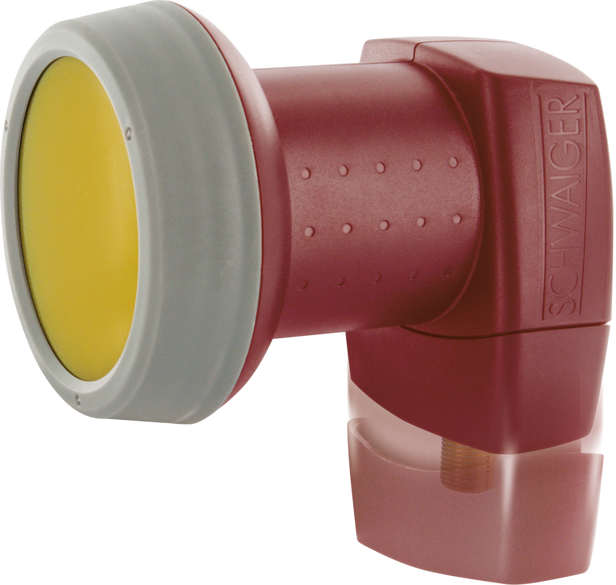 Rotes und weinrotes LNB. Graue und gelbe Details. Weißer Hintergrund.
