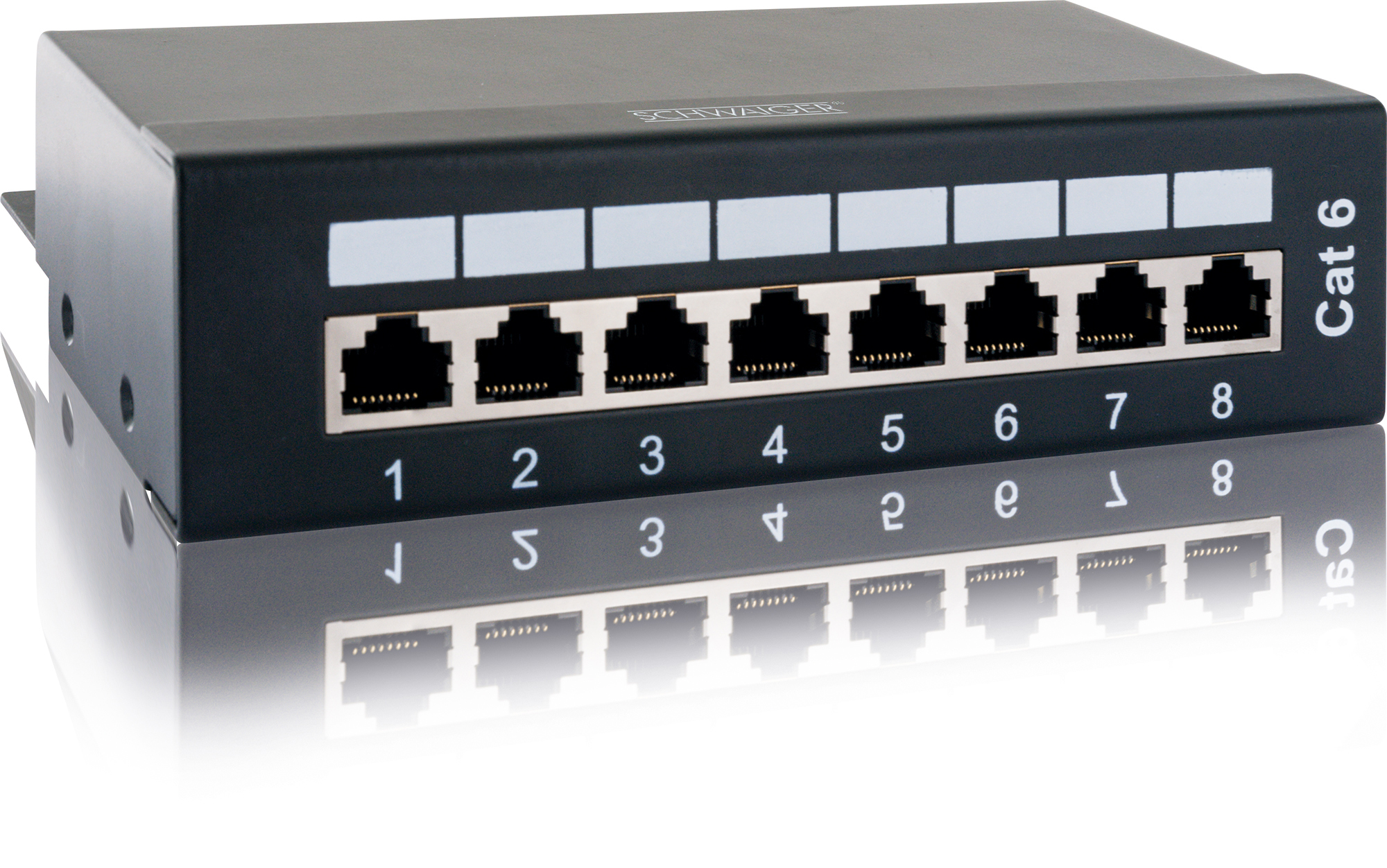 Ein schwarzes Cat 6 Netzwerk-Patchpanel mit acht Anschlüssen.