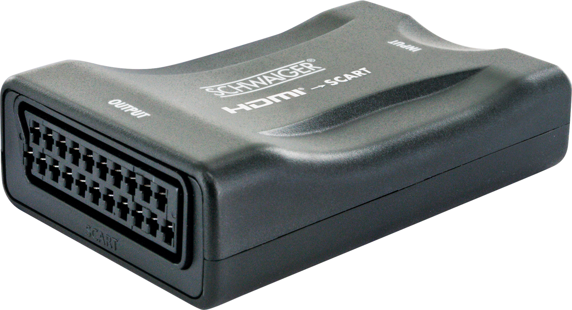 Schwarzer HDMI-zu-SCART-Adapter mit Eingangs- und Ausgangsbezeichnungen.