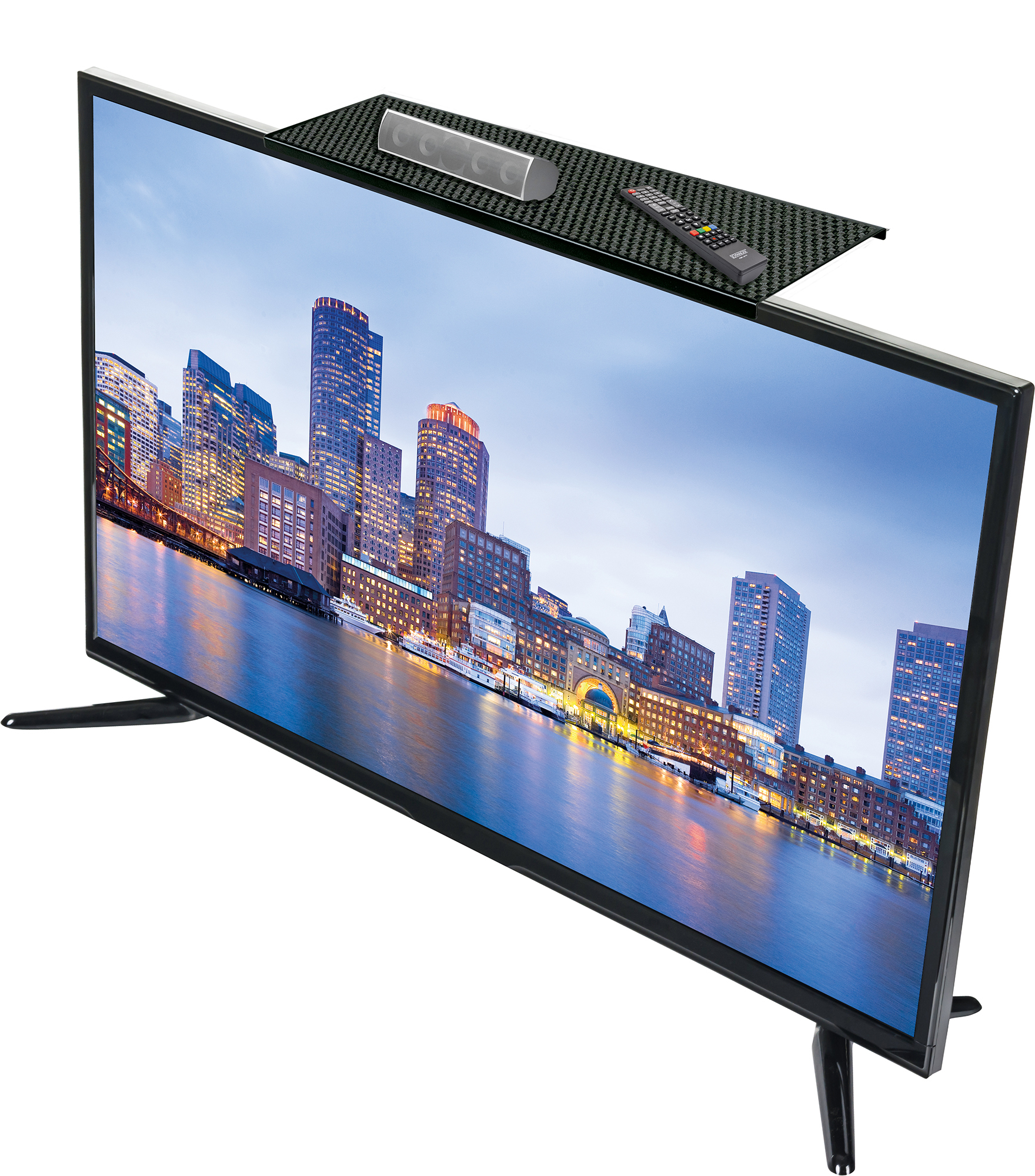 Fernseher auf Ständer, mit einem Regal oben, das eine Soundbar und eine Fernbedienung hält.