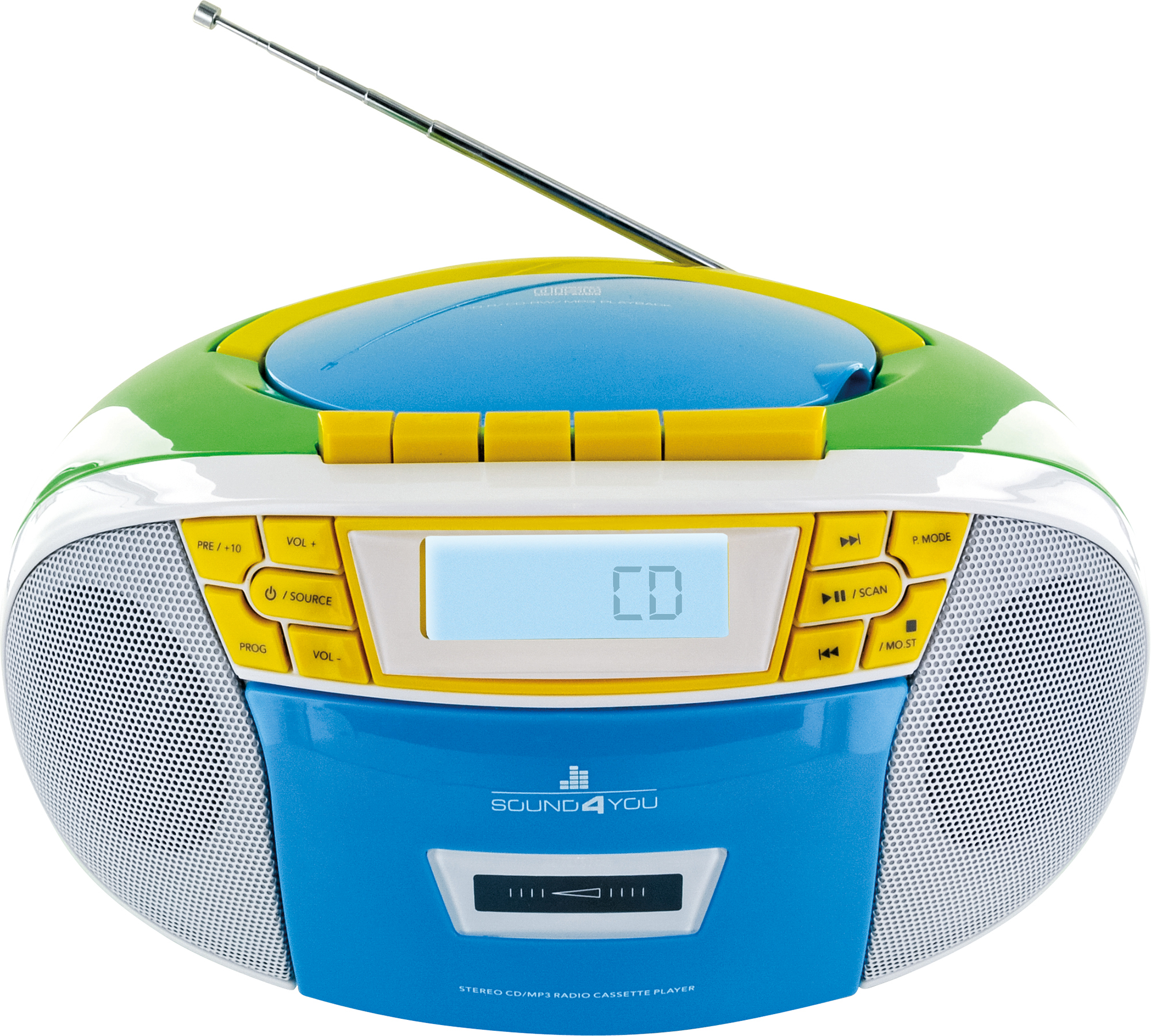 Ein bunter tragbarer CD-Player mit Display, das 'CD' anzeigt. Mit Antenne.