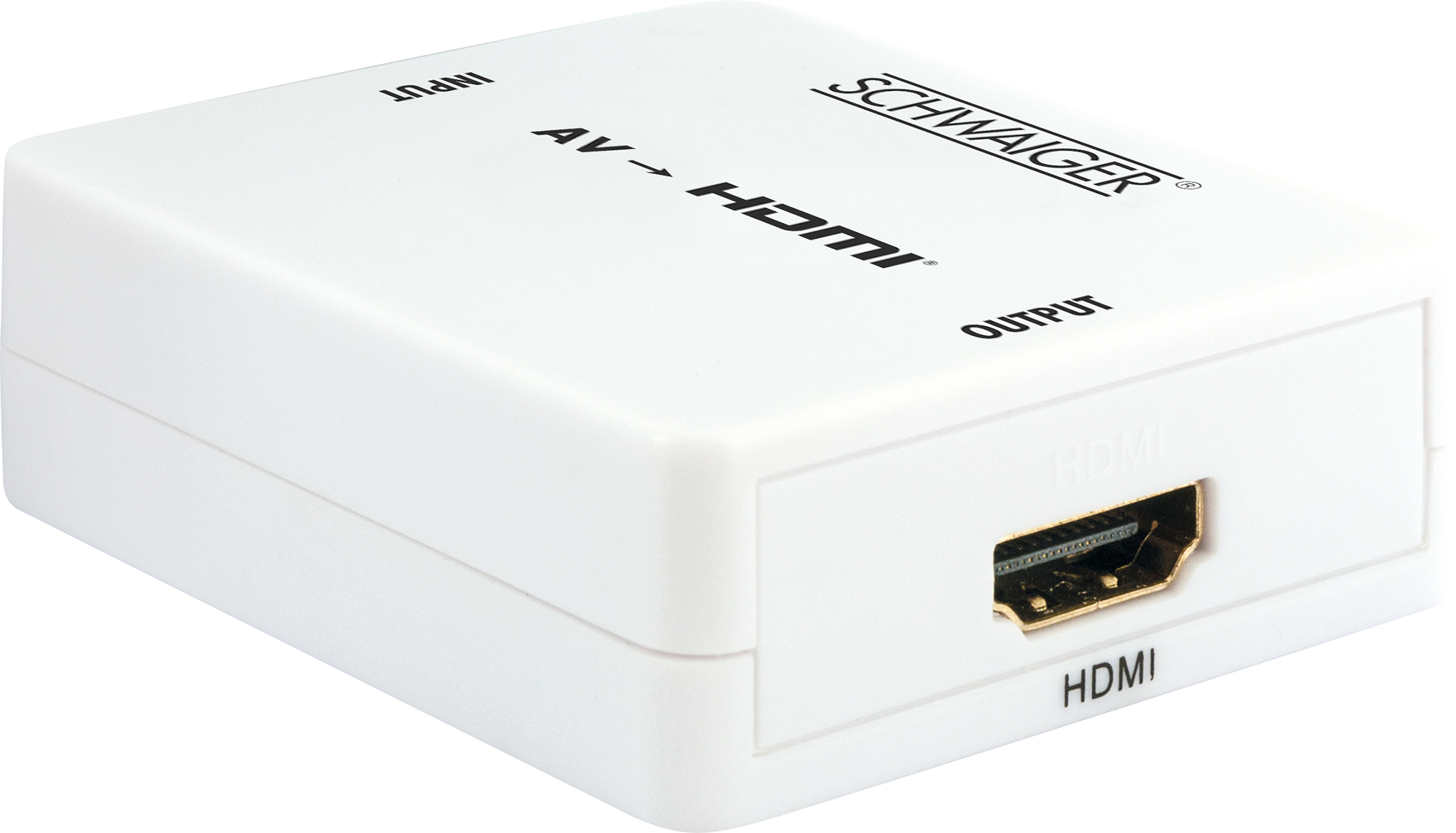 Weißer AV-zu-HDMI-Konverter. Der Text 'AV zu HDMI' und 'SCHWAIGER' sind sichtbar.