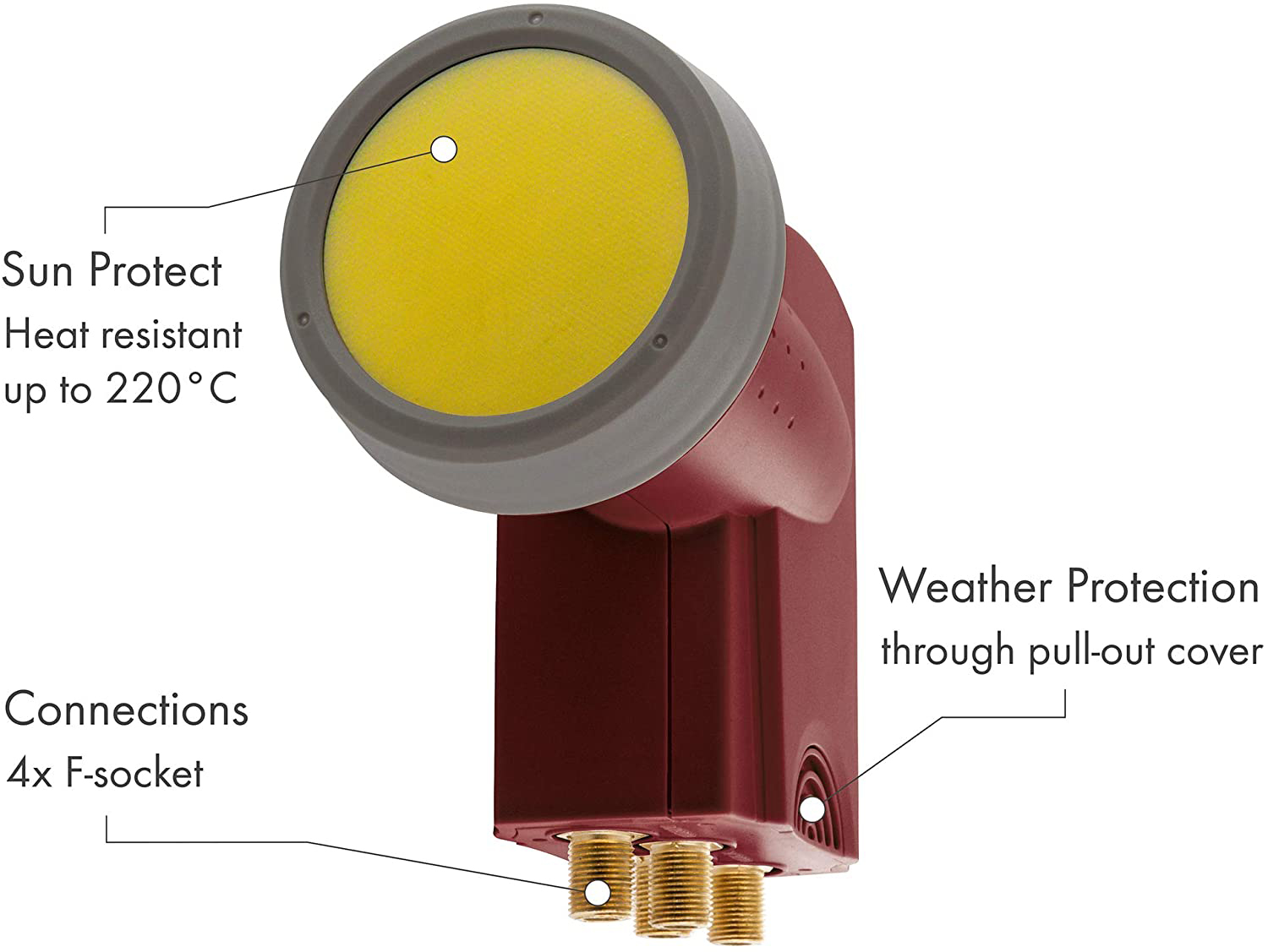Ein dunkelrotes Satelliten-LNB mit Wetter- und Sonnenschutz. Es hat Anschlüsse.