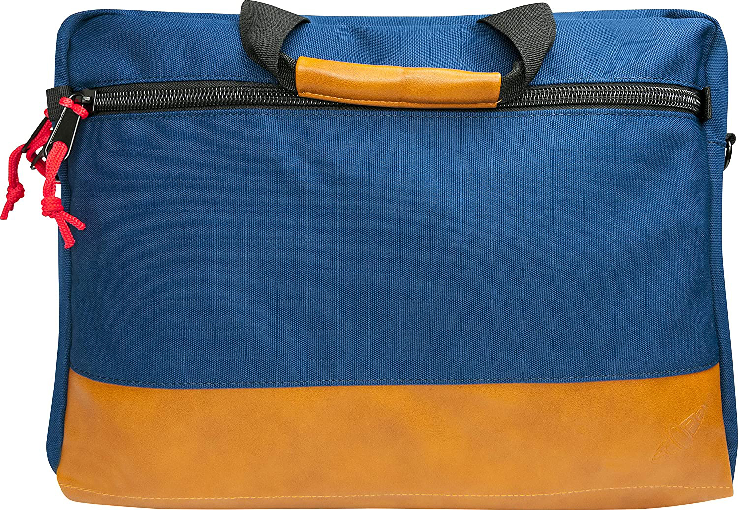 Blaue und braune Laptoptasche mit Griff und Reißverschluss. Rote Kordel links.