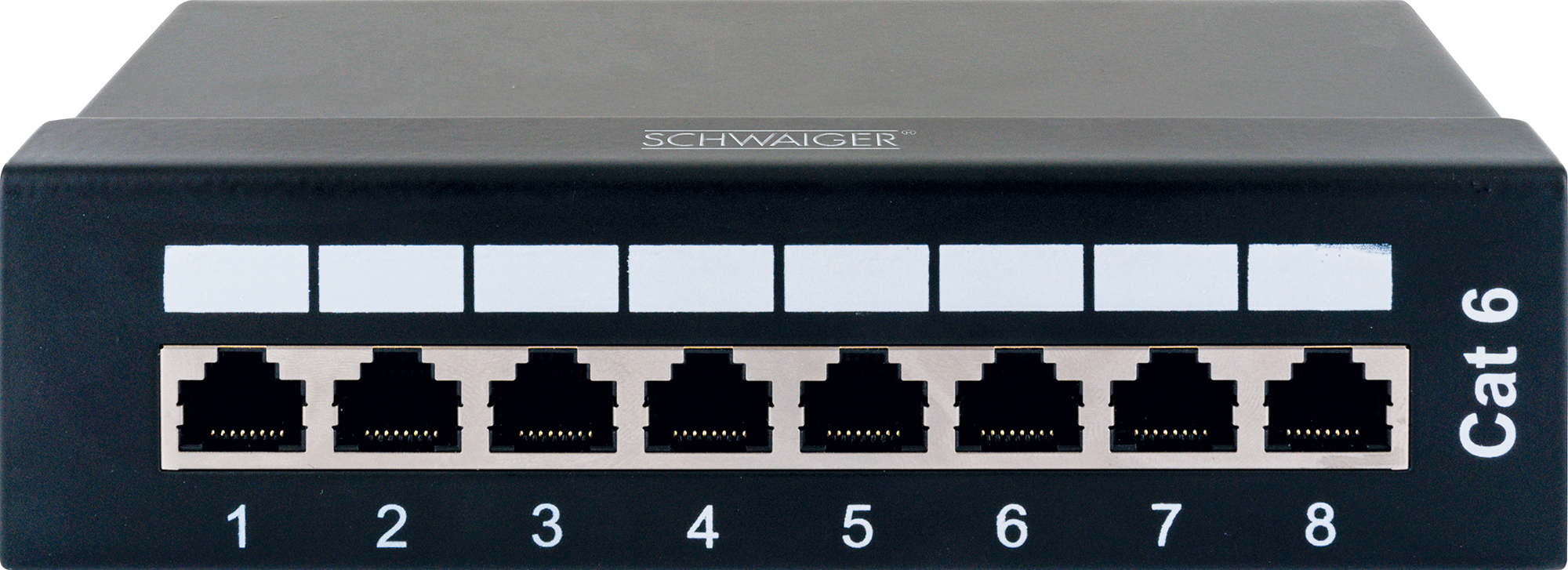Schwarzes Patchpanel mit 8 RJ45-Anschlüssen und weißen Etiketten. Text rechts. Weißer Hintergrund.