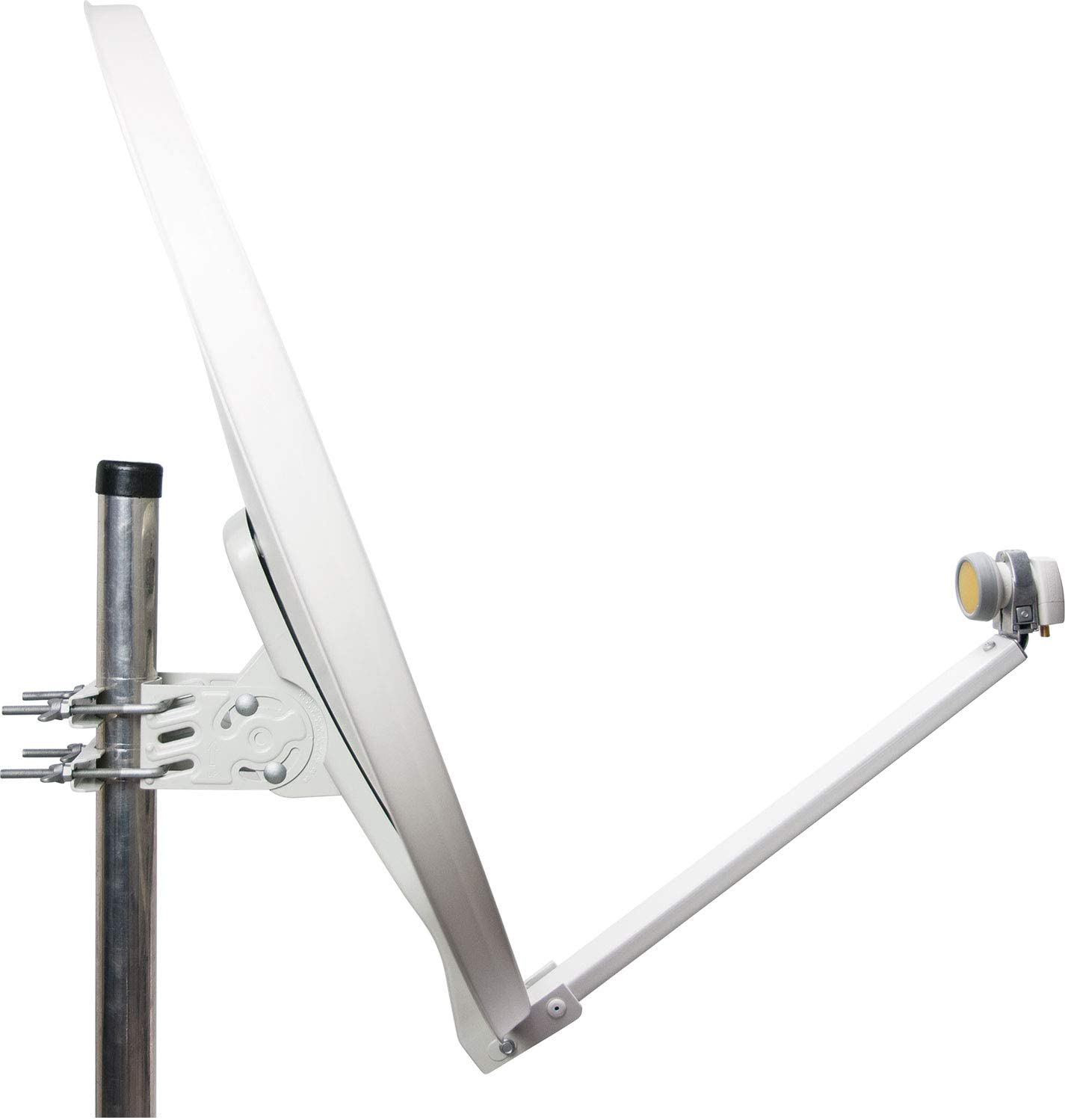 Eine weiße Satellitenschüsselantenne, die an einem Mast befestigt ist. Sie hat einen Reflektor und Stützen.