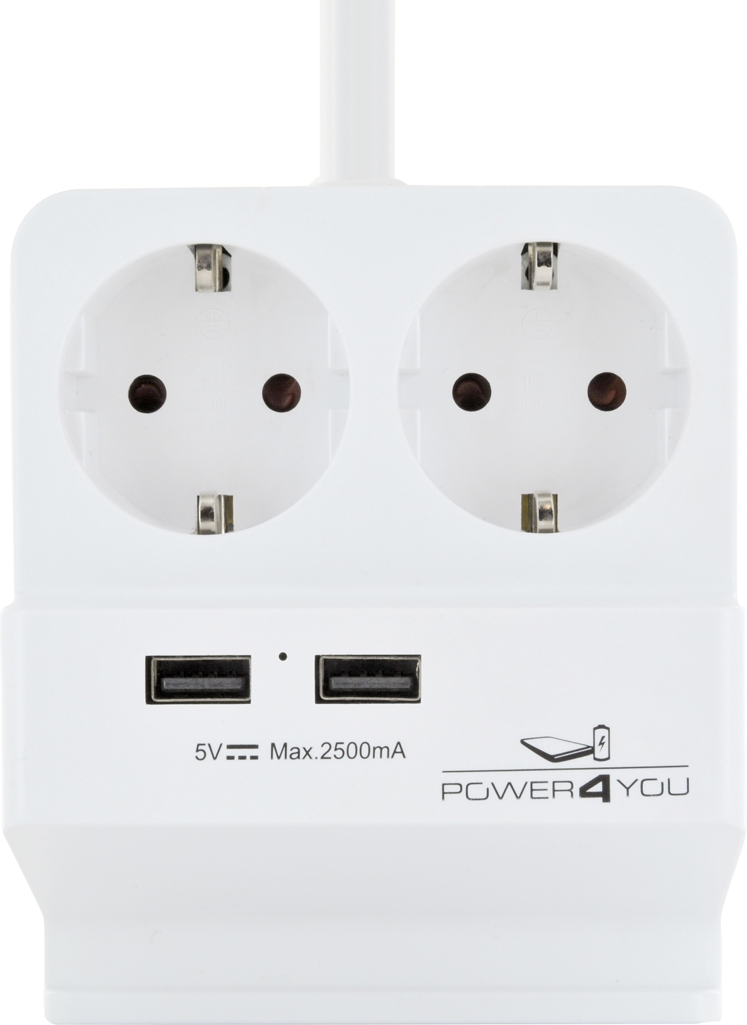 Weiße Steckdosenleiste mit zwei Steckdosen und zwei USB-Anschlüssen. Text: 5V und 2500mA. Weißer Hintergrund.