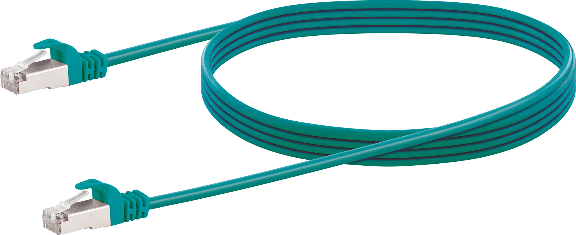 Câble Ethernet vert avec connecteurs RJ45 aux deux extrémités, sur fond blanc.