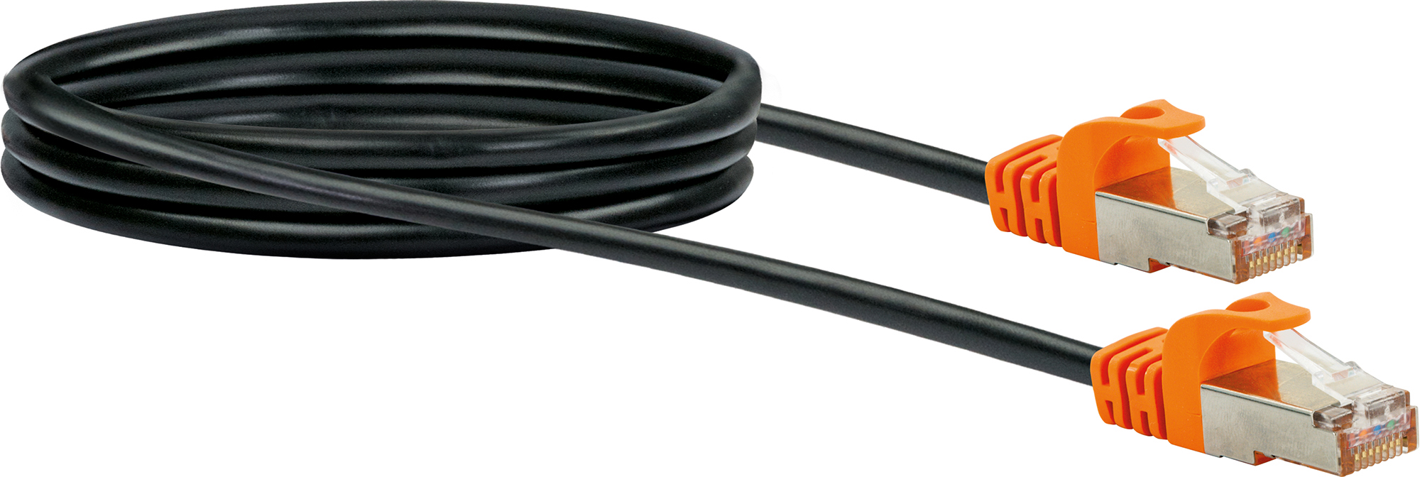 Cavo Ethernet nero con connettori arancioni a ciascuna estremità.