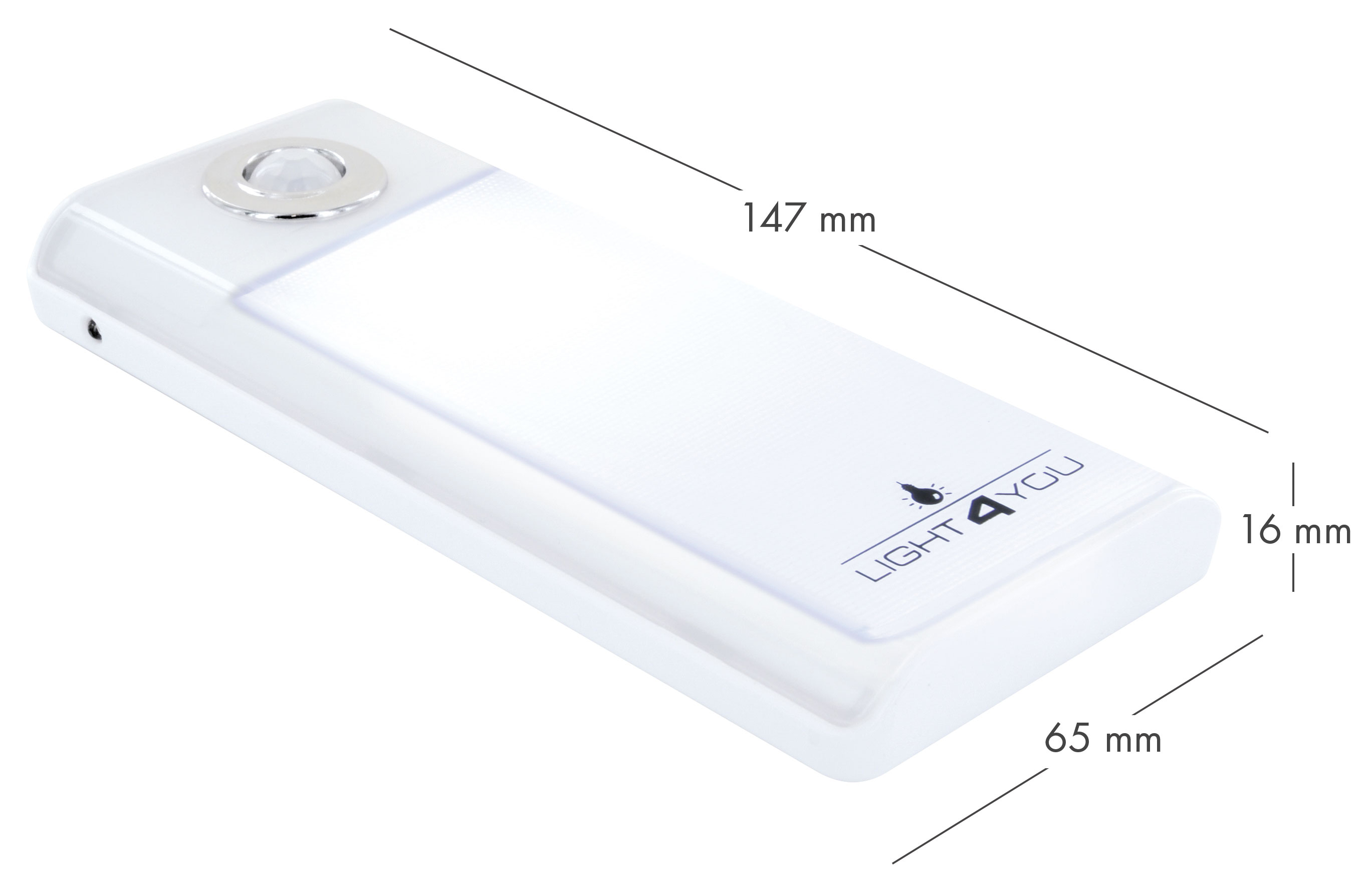 Weißes rechteckiges Licht mit den Maßen: 147 mm x 65 mm x 16 mm.