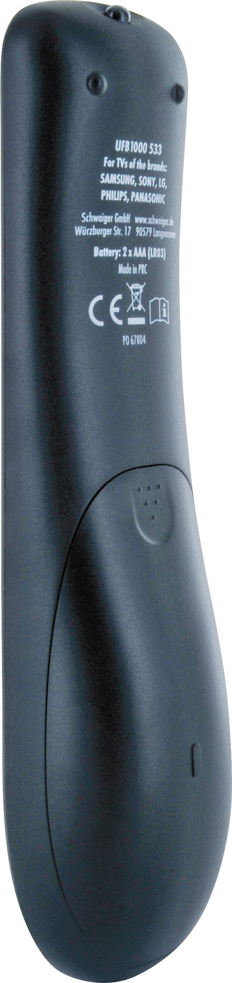 Tył czarnego pilota z tekstem i symbolami. Białe tło.