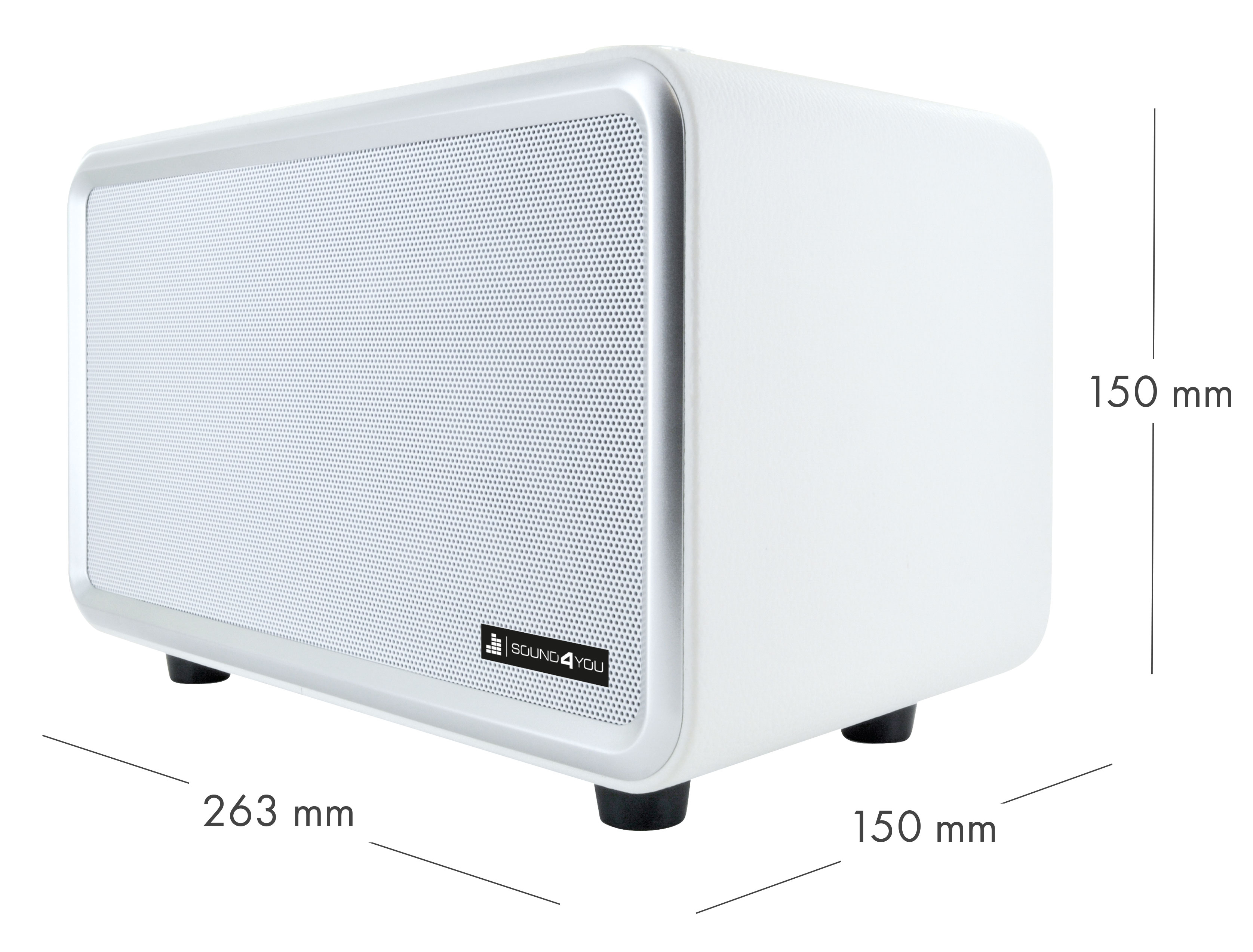 Weisse Soundbar mit Abmessungen, Lautsprechergrill und Sound4you-Logo.