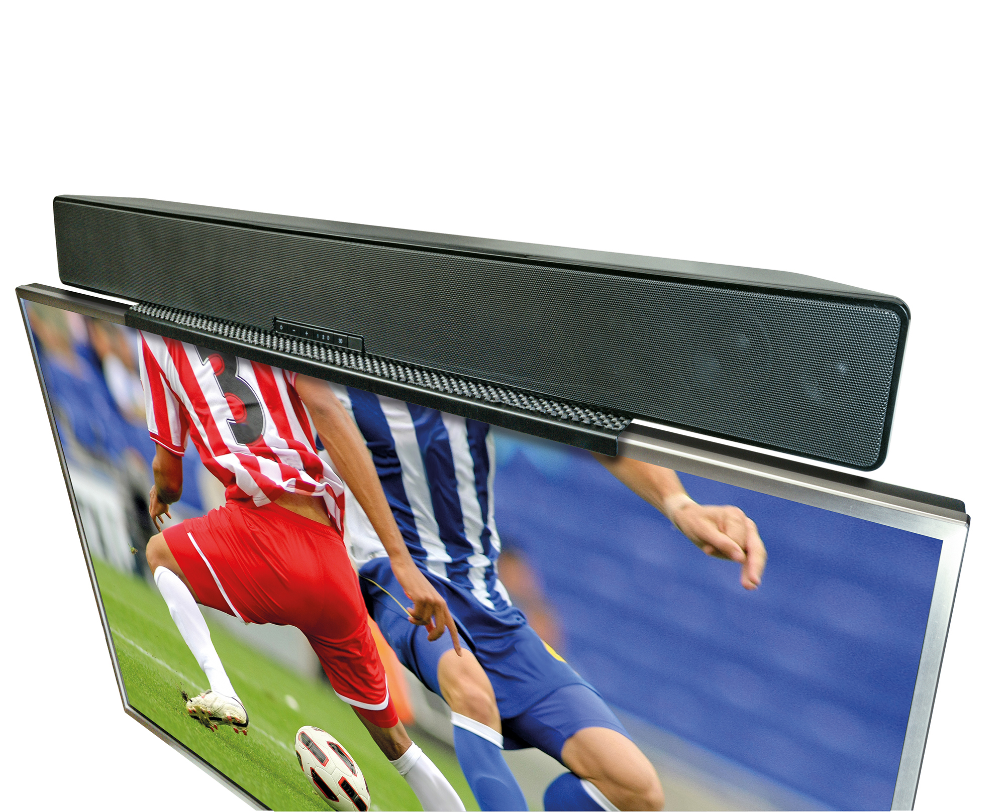 TV-Bildschirm mit Soundbar oben. Der Bildschirm zeigt ein Fußballspiel mit Spielern in Rot und Blau.