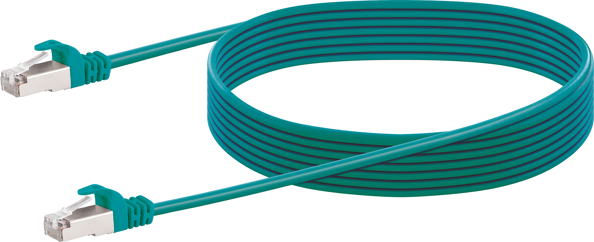 Grünes Ethernet-Kabel mit silbernen Steckern. Das Kabel hat mehrere Schlaufen.