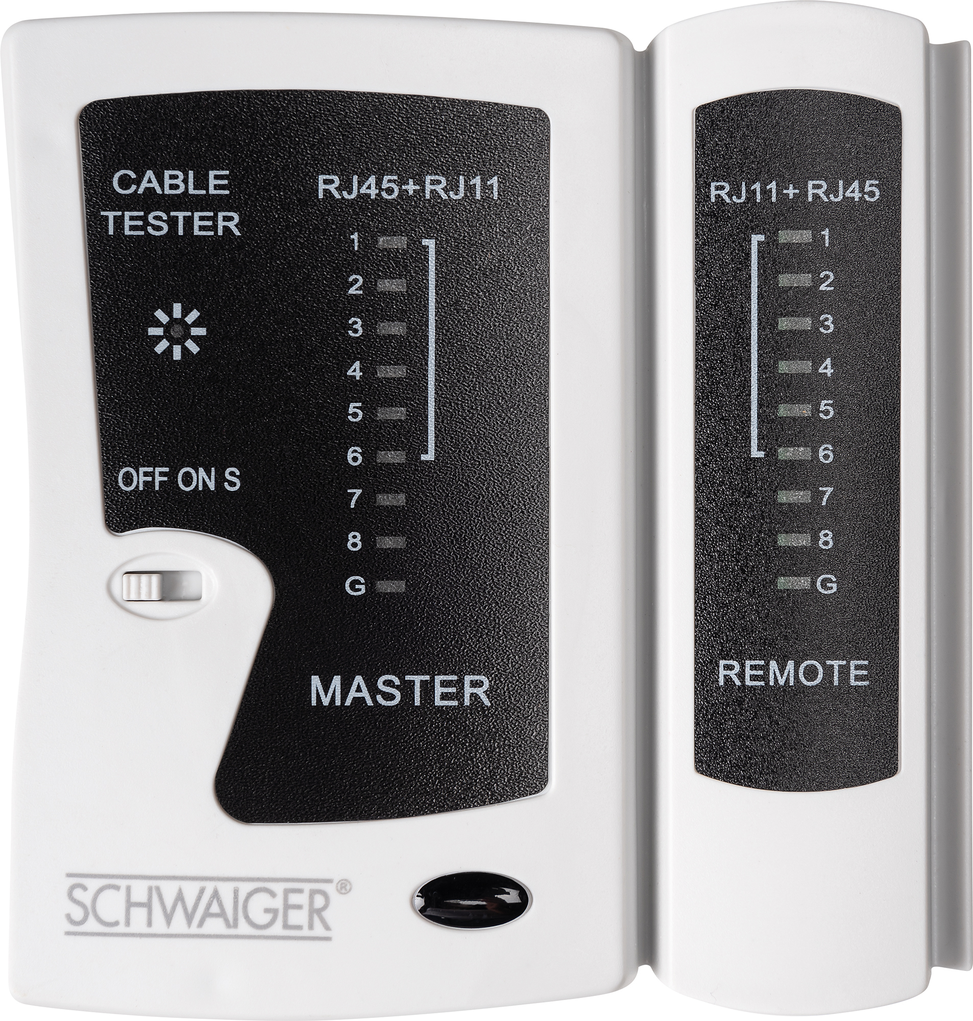 Ein weißer Kabeltester mit zwei Teilen, beschriftet mit 'Master' und 'Remote', mit Lichtern zum Testen von RJ45- und RJ11-Kabeln.