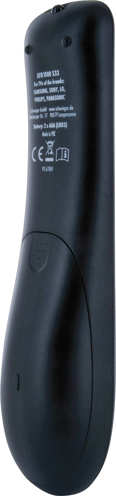 Czarny pilot, pokazujący tył z tekstem i oznaczeniami.