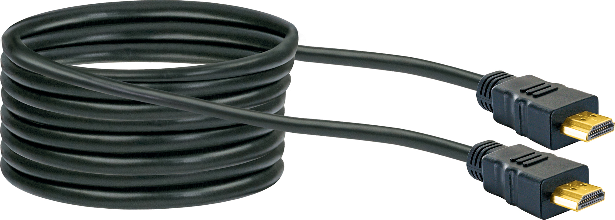 Câble HDMI noir enroulé avec connecteurs à chaque extrémité.