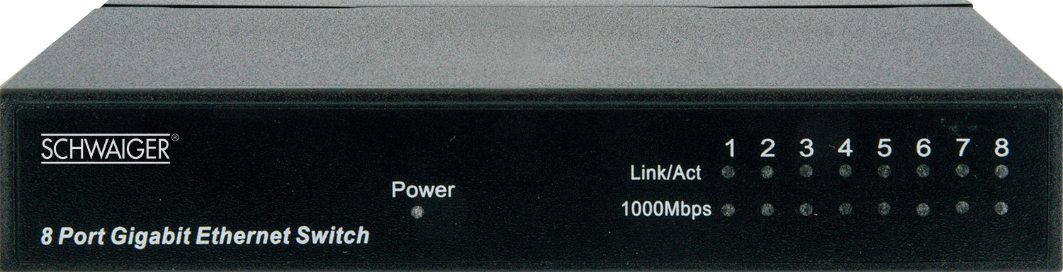 Schwarzer 8-Port Gigabit Ethernet Switch mit Anzeigen für Strom und Link/Act, weißer Hintergrund.