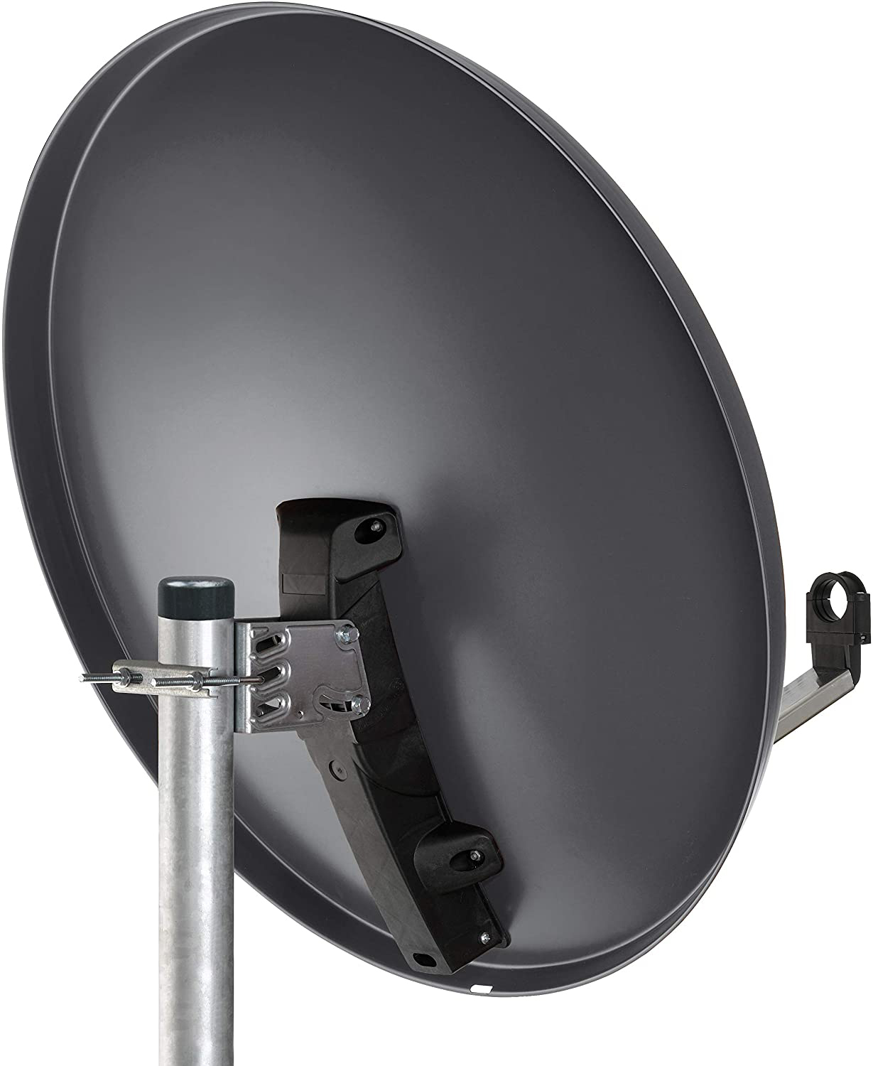 Eine Satellitenschüssel auf einer Metallstange. Die Schüssel ist grau und auf weißem Grund.