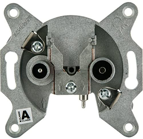Eine Metallplatte mit Anschlussanschlüssen, Schrauben und einem Etikett mit Marke und Klasse.