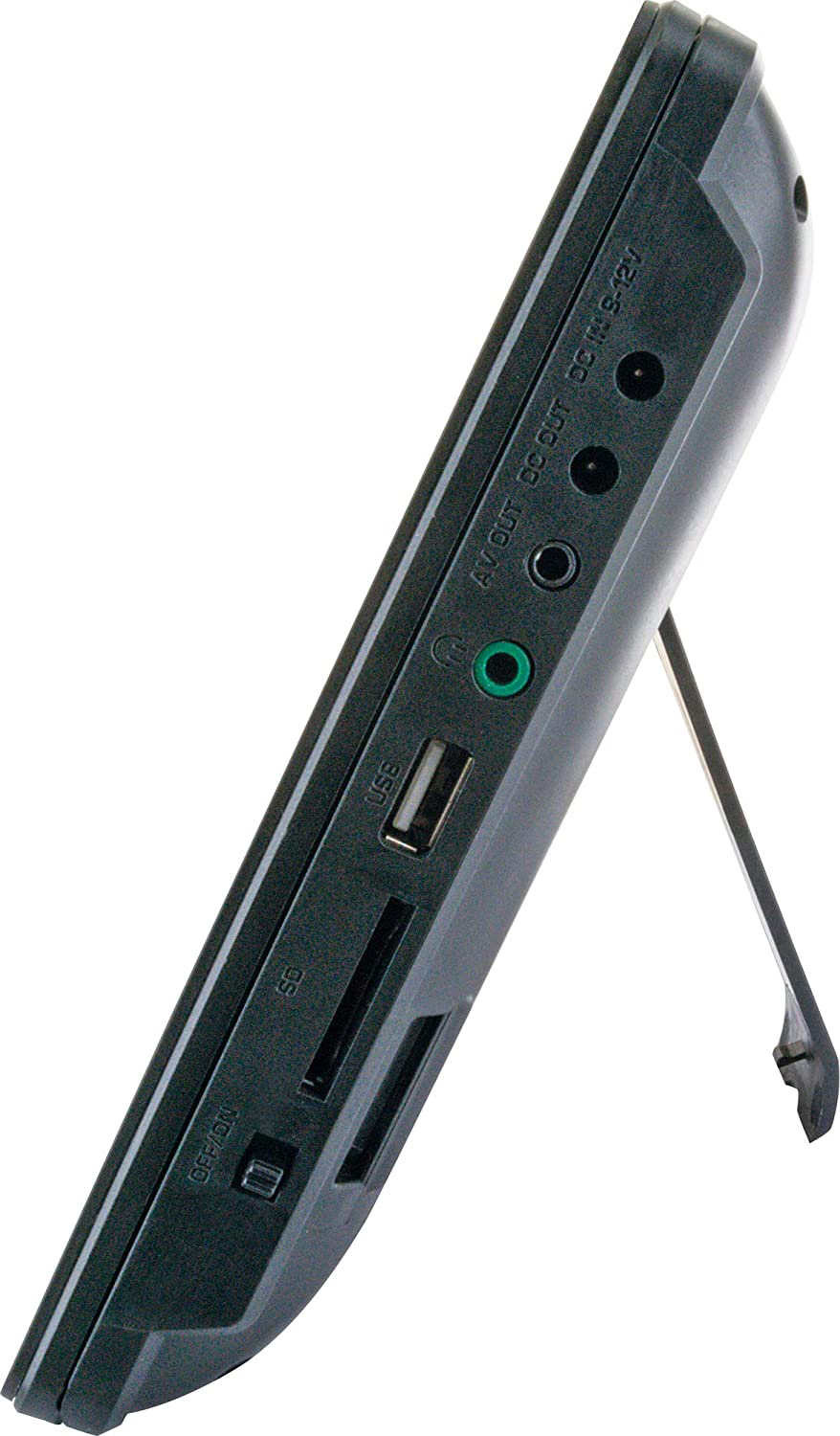 Schwarzer tragbarer DVD-Player mit Anschlüssen, USB-, SD-Karten-Slot und Ständer.