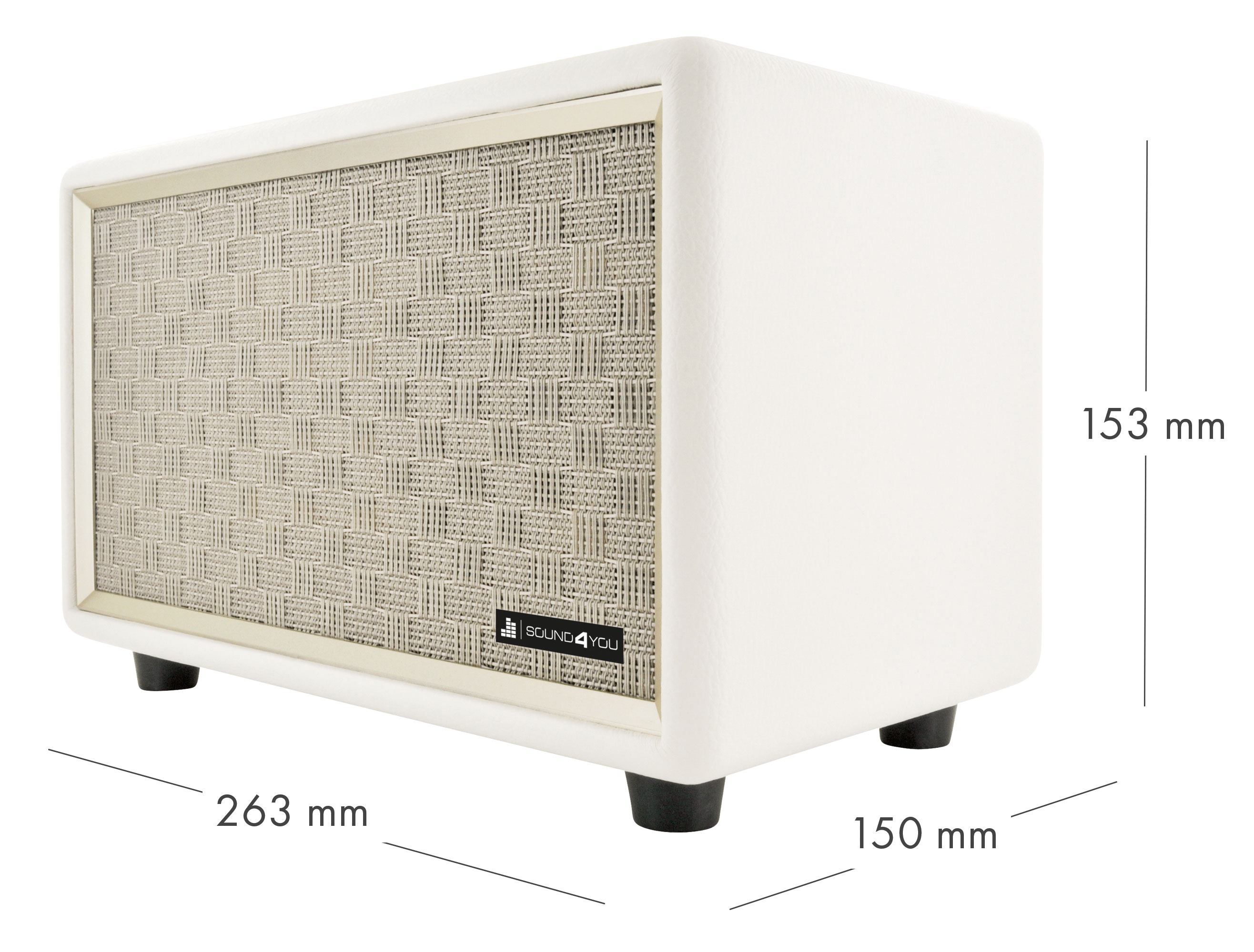 Eine weiße und beige Lautsprecherbox mit schwarzen Füßen. Der Lautsprecher ist beschriftet, Abmessungen sind gezeigt.