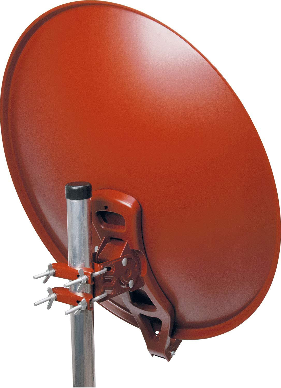 Roter Satellitenspiegel an einem Mast. Die Schüssel ist rund. Befestigungsmaterial.