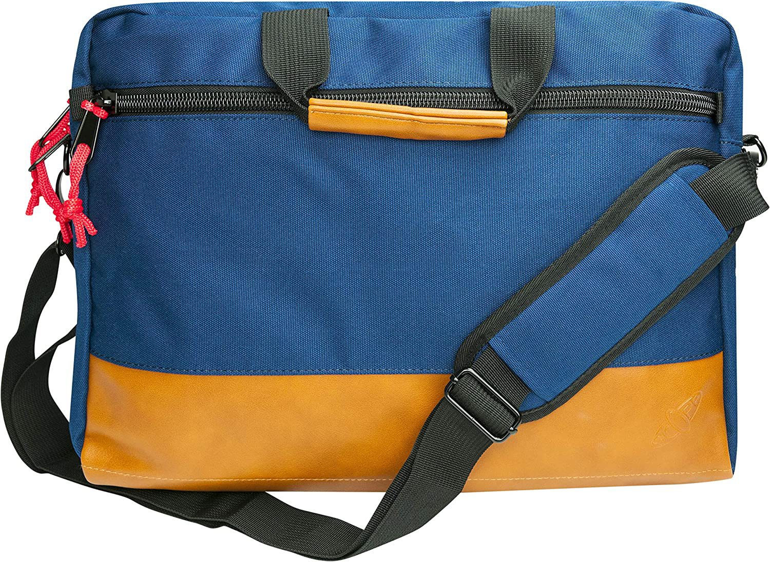 Blaue und braune Laptoptasche mit schwarzem Gurt und Reißverschluss.
