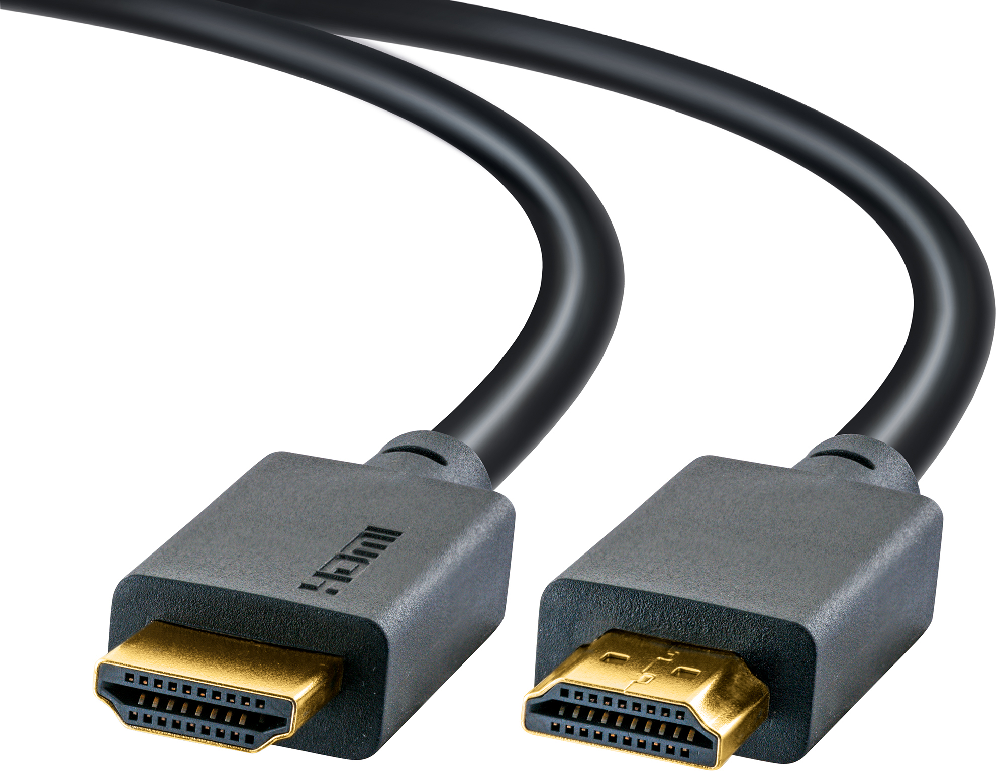 Zwei schwarze HDMI-Kabel mit grauen Steckern. Goldfarbene Stecker an den Enden. Weißer Hintergrund.