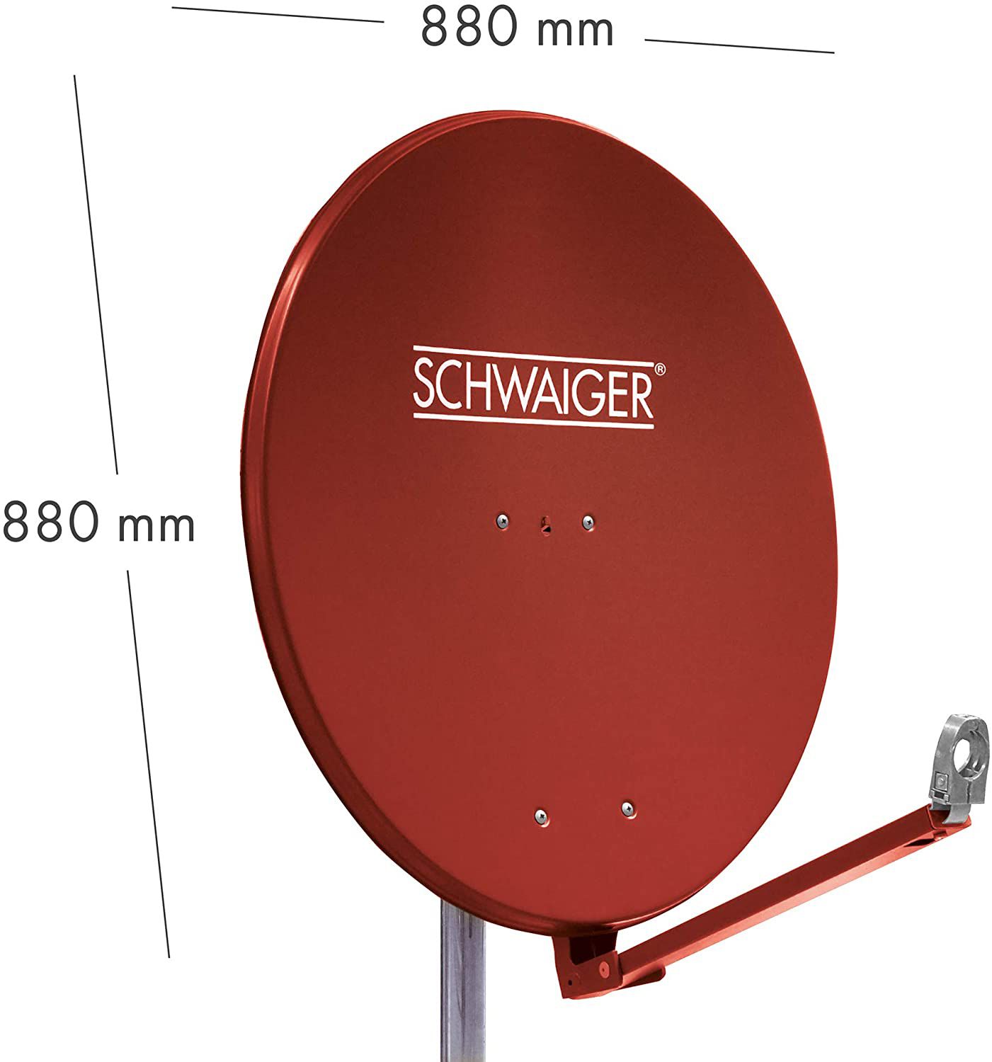 Rote Satellitenschüssel mit Tragarm und Maßen von 880 mm.