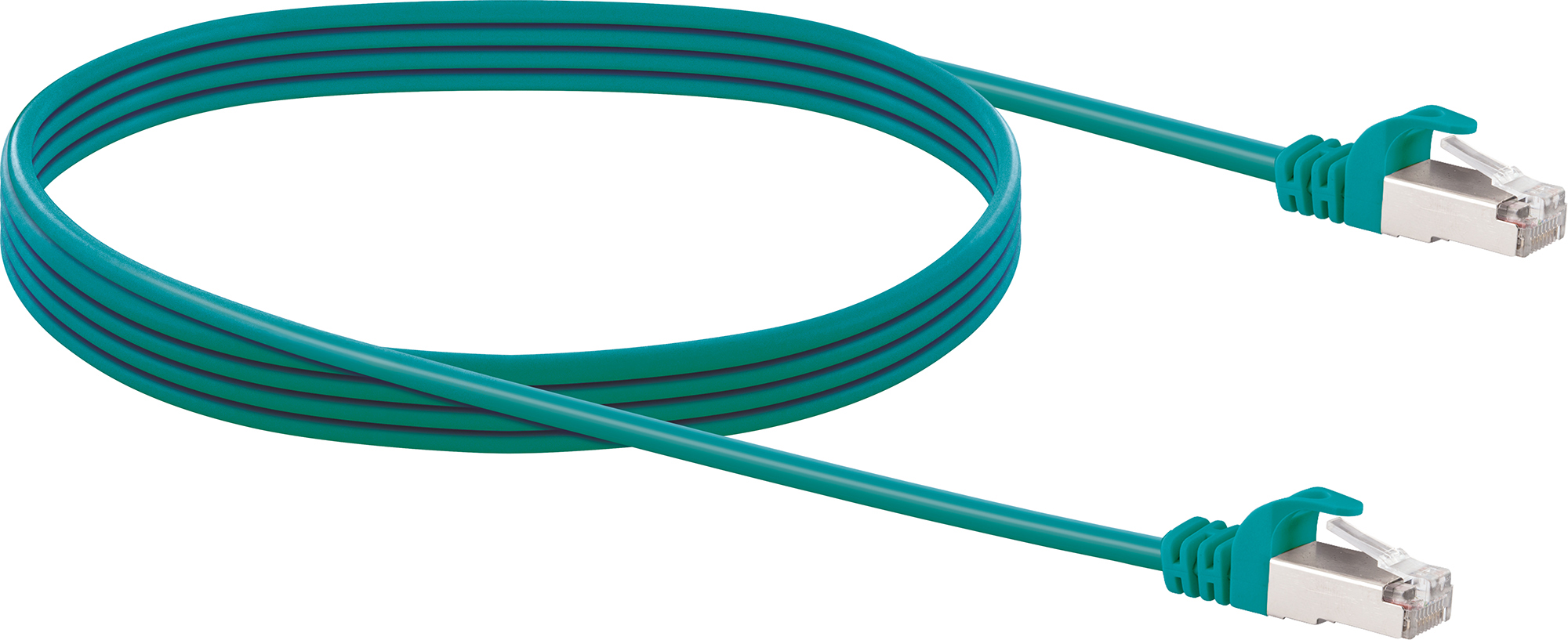 Un câble réseau bleu-vert avec des connecteurs à chaque extrémité, sur fond blanc.