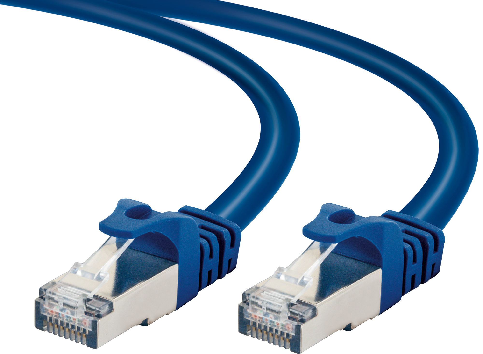 Due cavi Ethernet blu con connettori blu. Sono visibili le testine argentate.