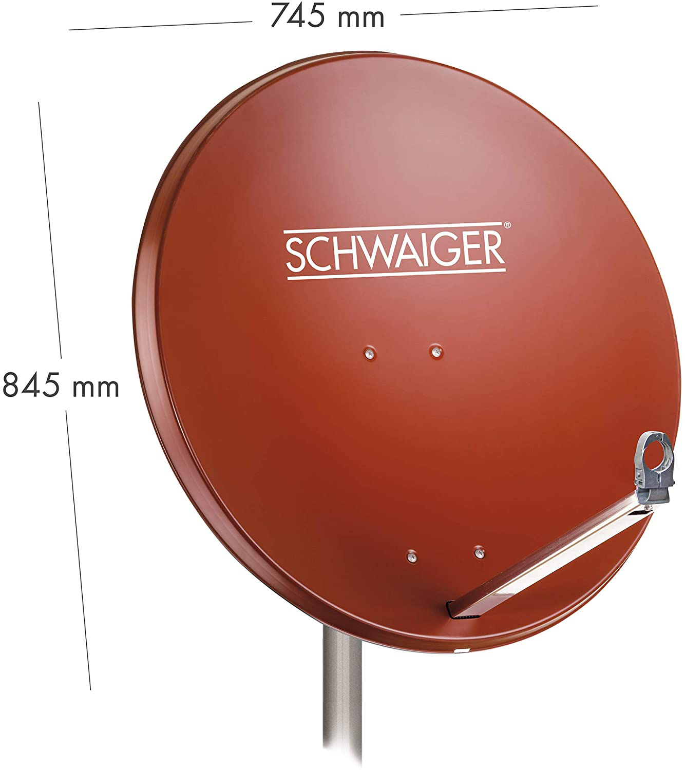 Eine braune Satellitenschüssel mit der Aufschrift 'SCHWAIGER'. Die Schüssel ist an einem Mast befestigt. Maße sind angegeben.
