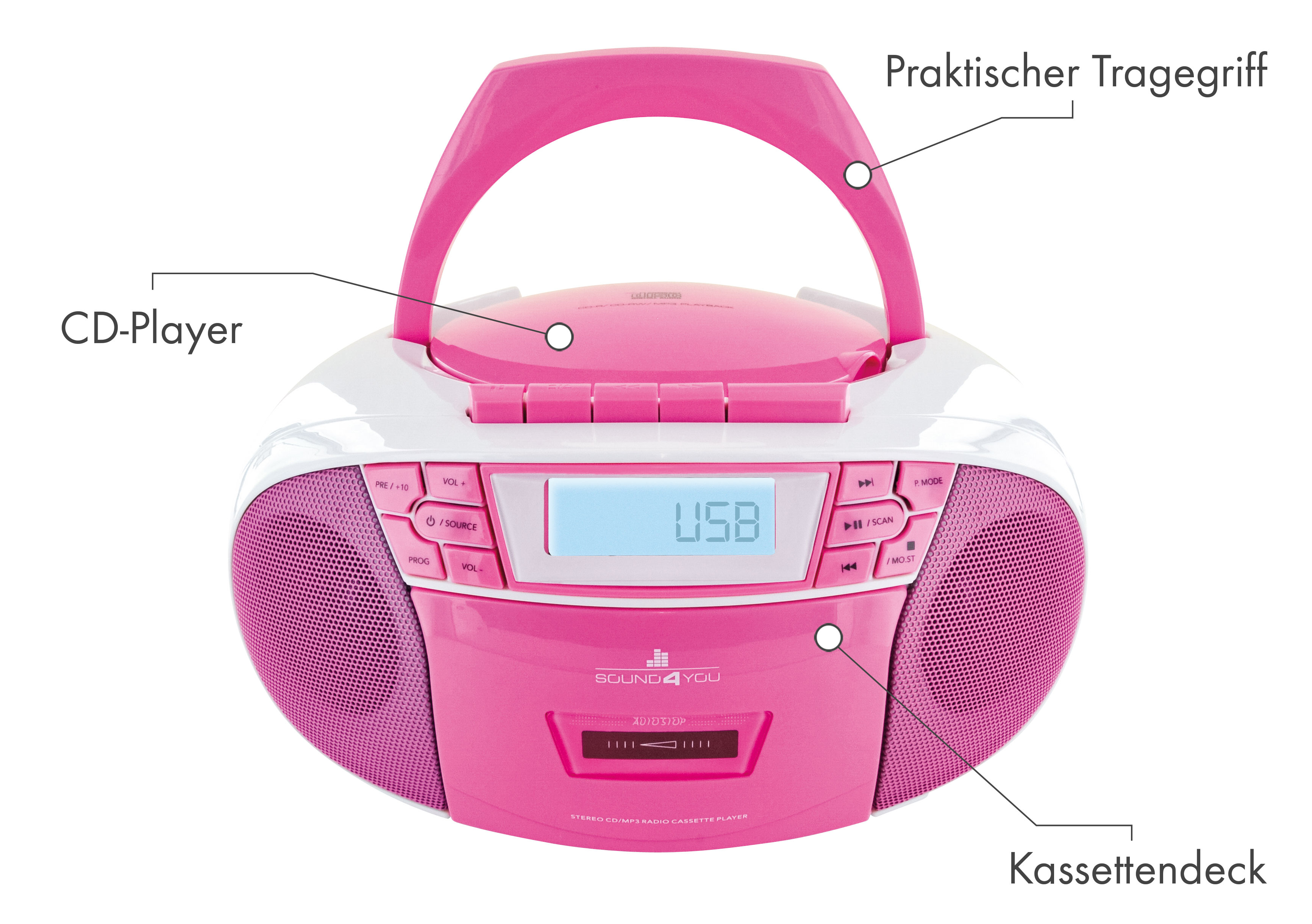 SCHWAIGER -661668- Tragbarer CD-Player FM Pink/Weiß Radio, mit und Kassettendeck