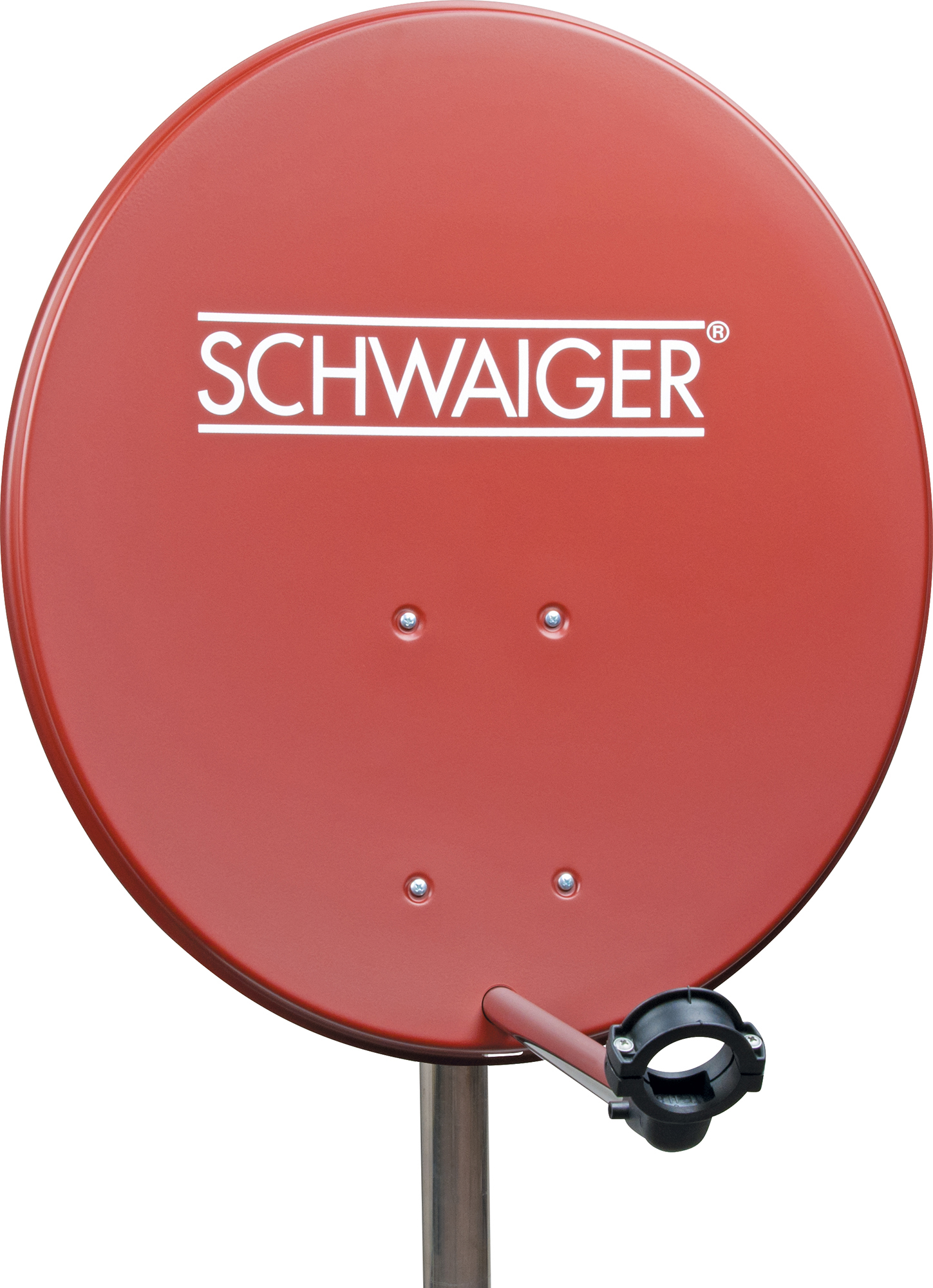 Eine rote SCHWAIGER-Satellitenschüssel mit schwarzem Halter und Metallarm auf weißem Hintergrund.