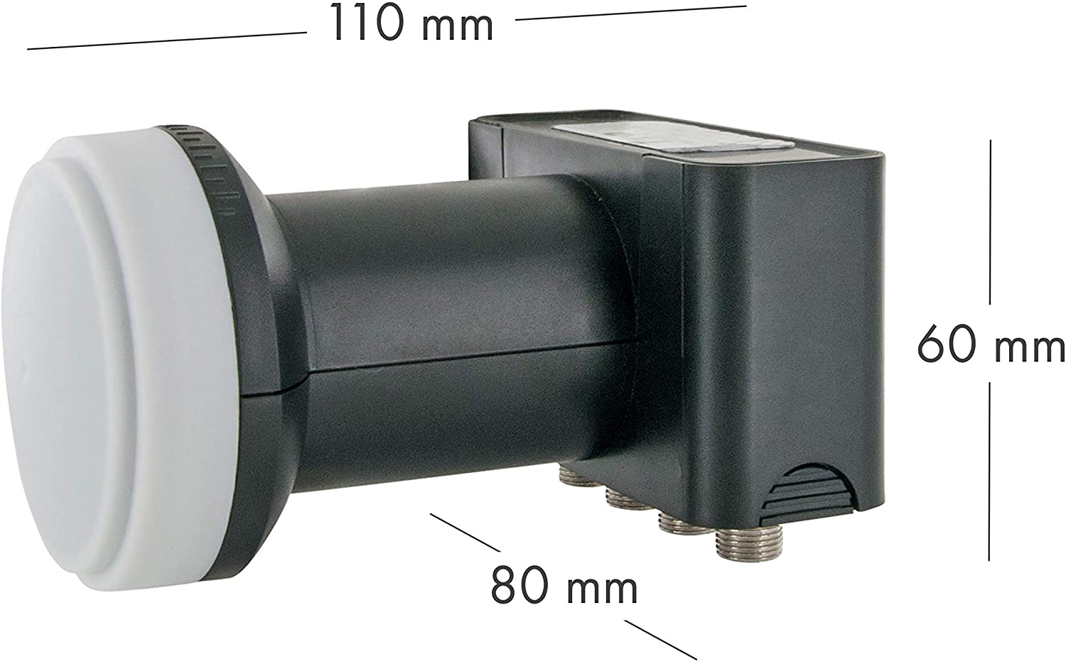 Schwarzer LNB-Empfänger mit weißem Ende und den Maßen: 80 mm x 110 mm x 60 mm.