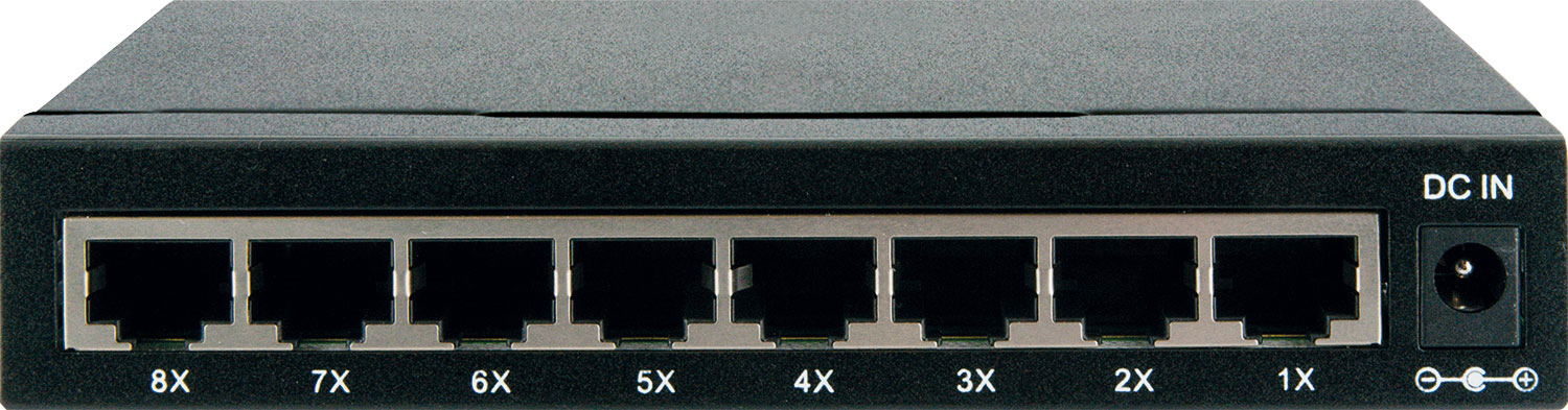 Schwarzer Netzwerk-Switch mit 8 Ports, beschriftet mit 1X bis 8X, und einem DC IN-Port. Draufsicht.