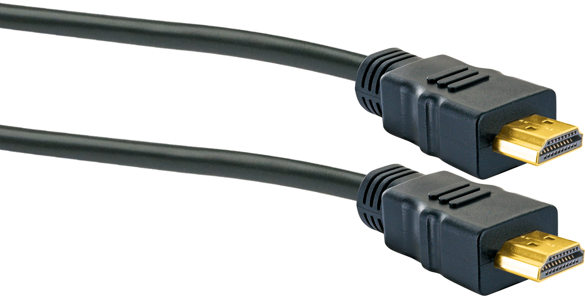 Câble HDMI noir avec connecteurs dorés, sur fond blanc.