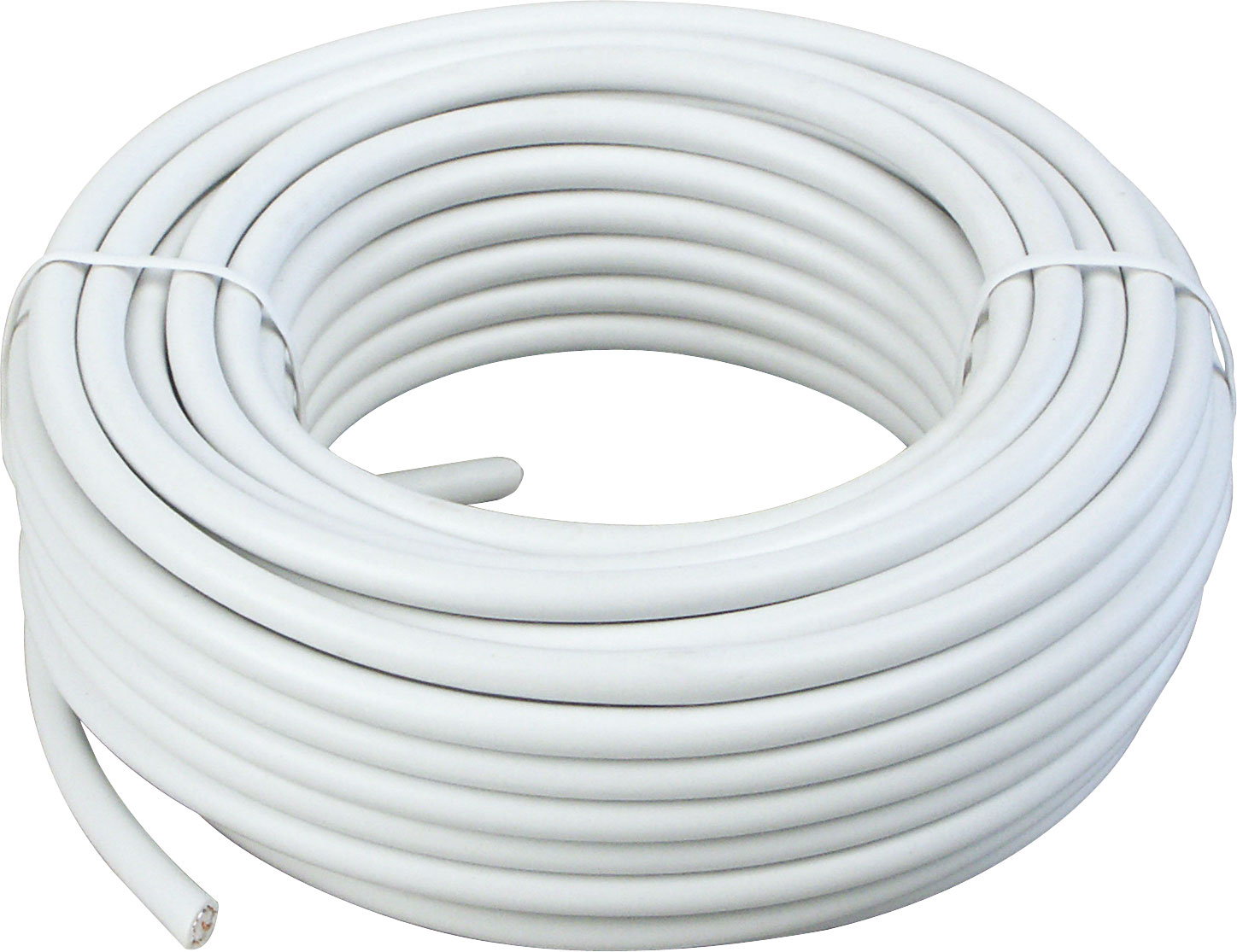 Ein weißes Kabel ist aufgerollt. Das Kabel ist weiß.