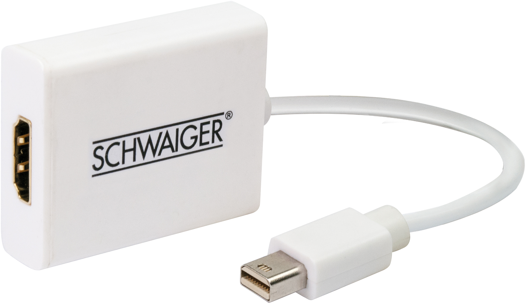 Weißer HDMI-zu-Mini-DisplayPort-Adapter mit weißem Kabel.
