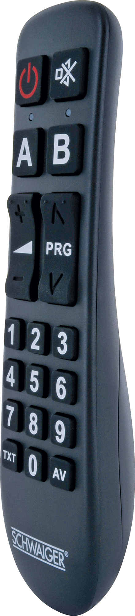 Ciemnoszary pilot do telewizora z dużymi przyciskami i numerami, z marką 'SCHWAIGER'.